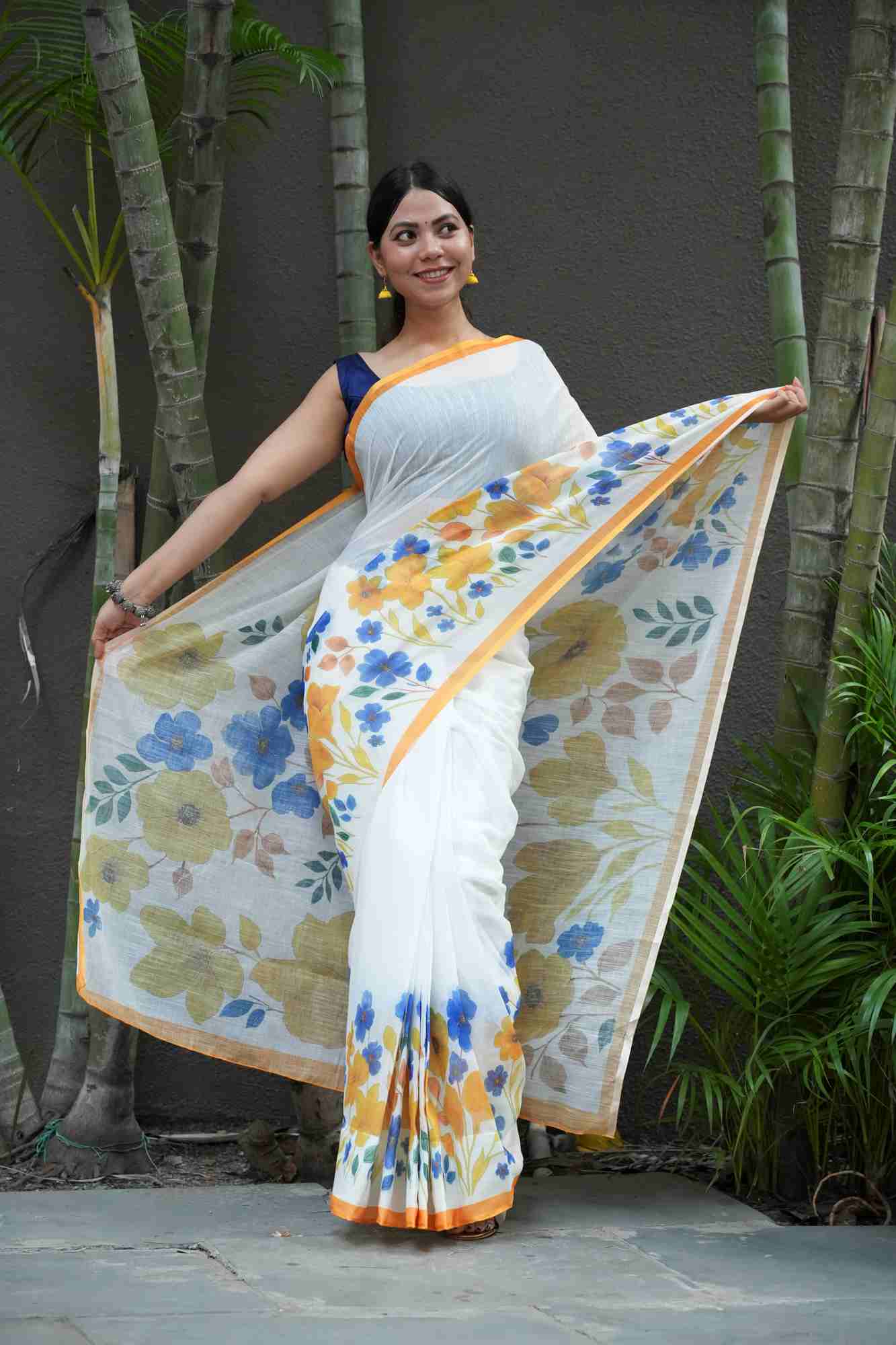 Linen with Vibrant Floral Digital Print Ready To Wear Saree