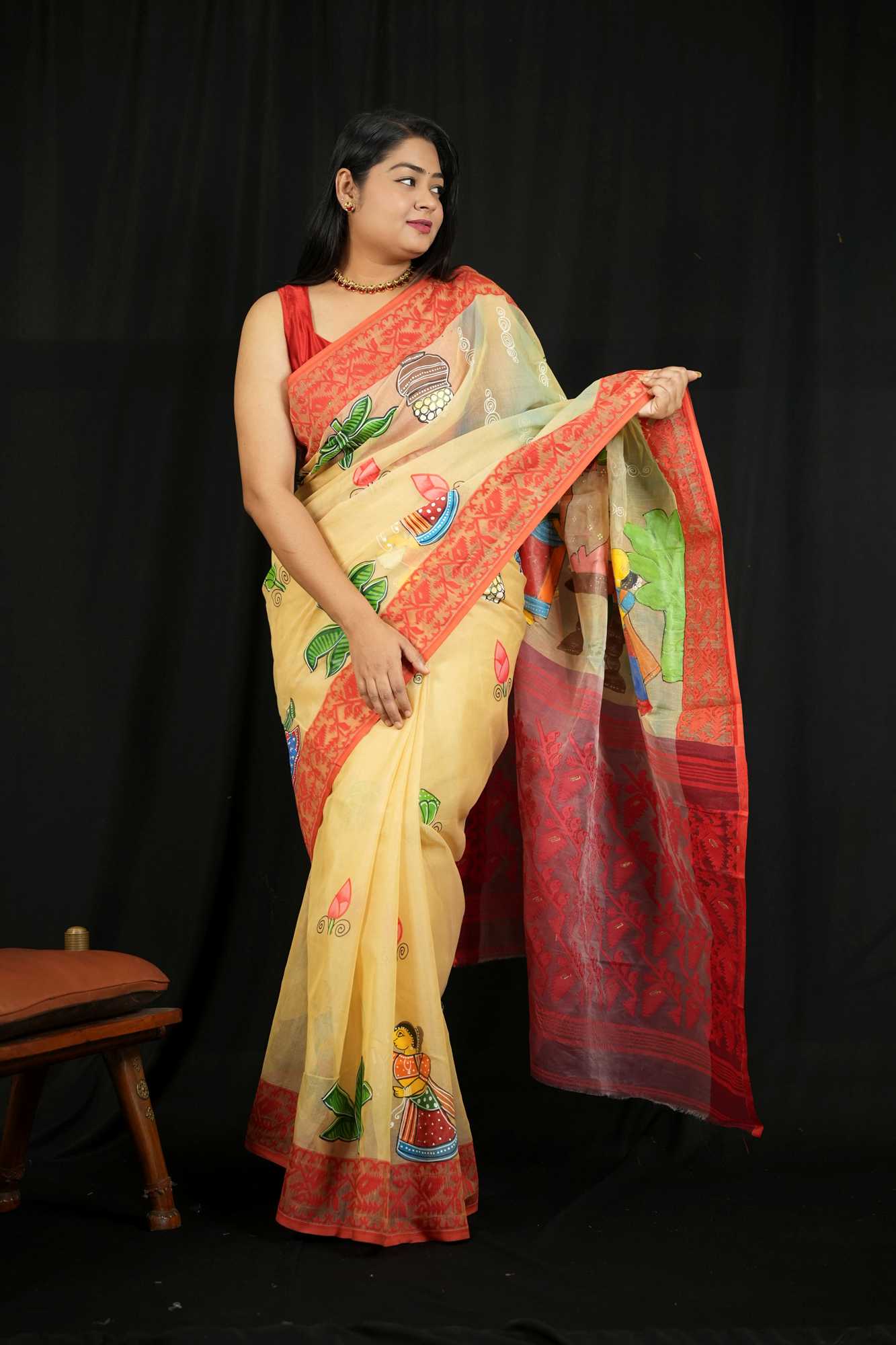 Pure Hand Painted Ganesh Chaturthi Special - Prestitched Saree in Dhakai Jamdani Soft Weave