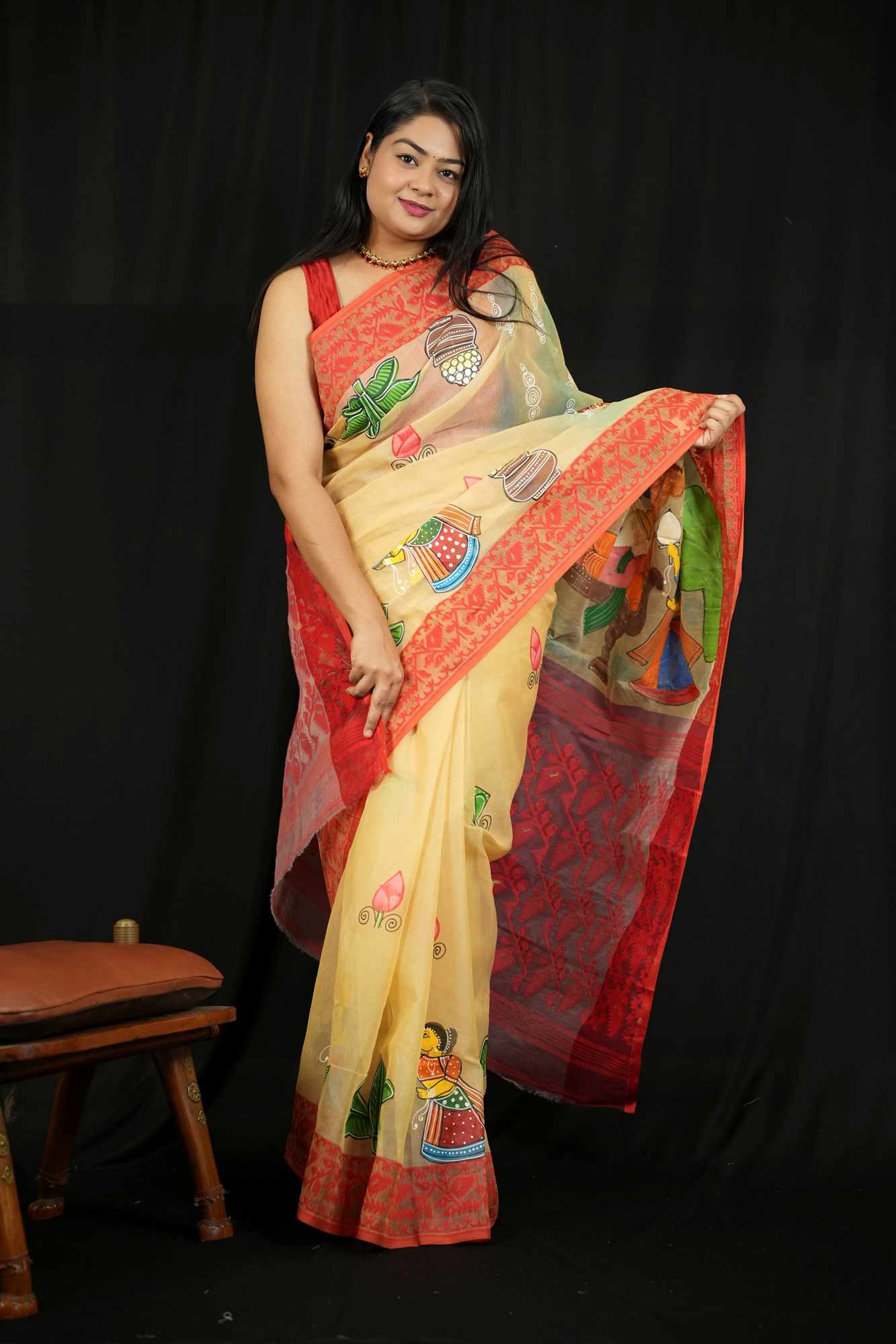Pure Hand Painted Ganesh Chaturthi Special - Prestitched Saree in Dhakai Jamdani Soft Weave