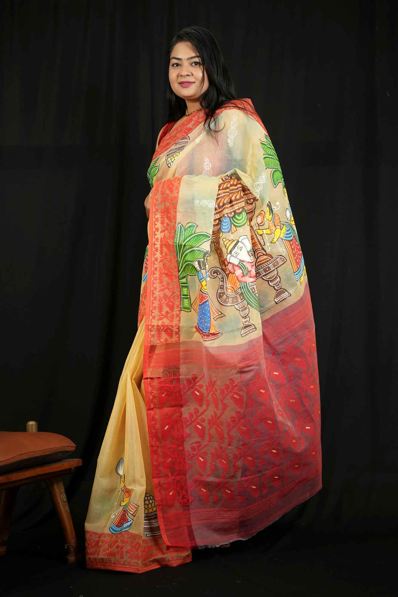 Pure Hand Painted Ganesh Chaturthi Special - Prestitched Saree in Dhakai Jamdani Soft Weave