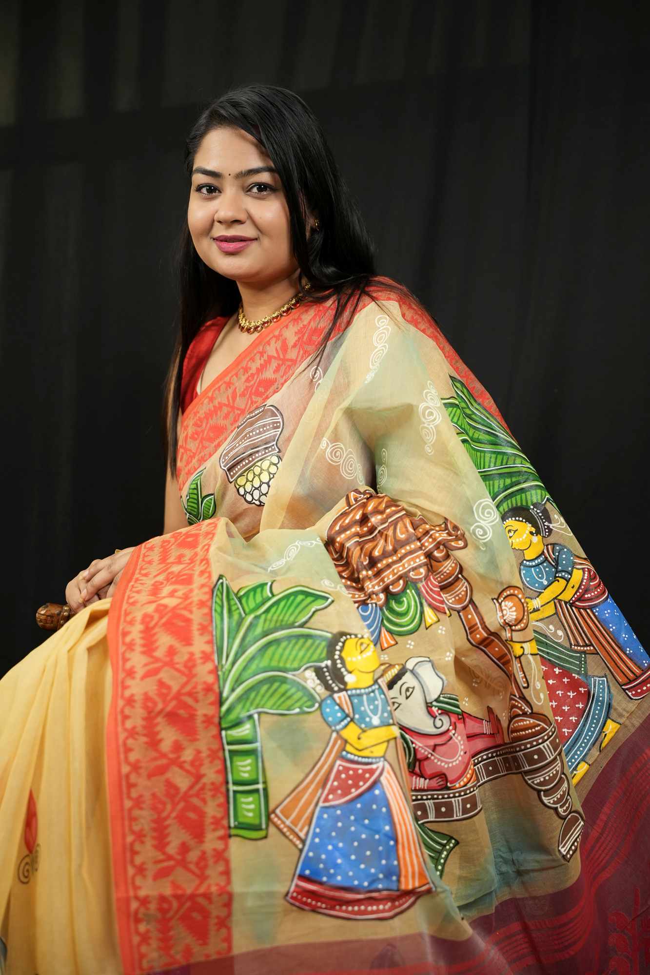 Pure Hand Painted Ganesh Chaturthi Special - Prestitched Saree in Dhakai Jamdani Soft Weave