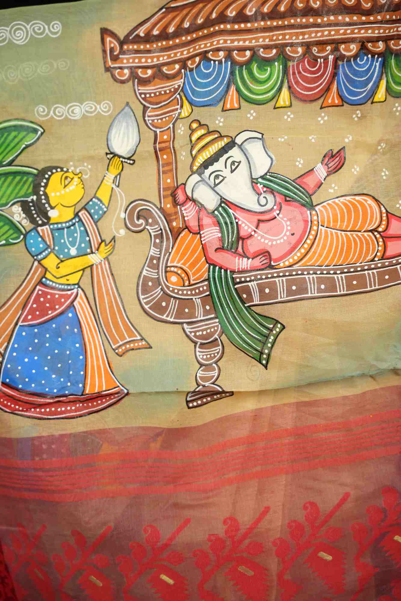 Pure Hand Painted Ganesh Chaturthi Special - Prestitched Saree in Dhakai Jamdani Soft Weave