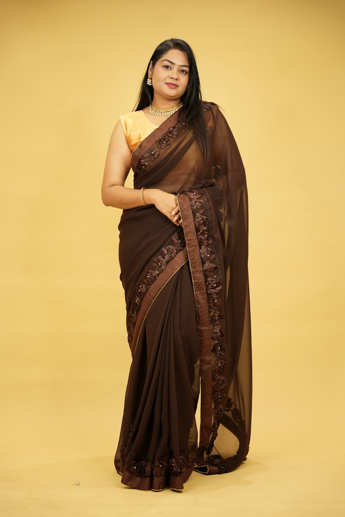 Poly Georgette with 3D Floral Embellished Border Ready To Wear Saree