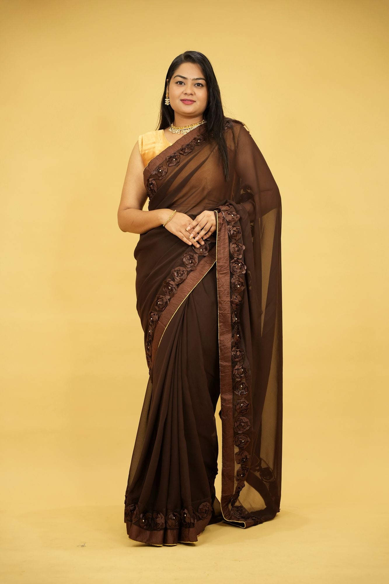 Poly Georgette with 3D Floral Embellished Border Ready To Wear Saree