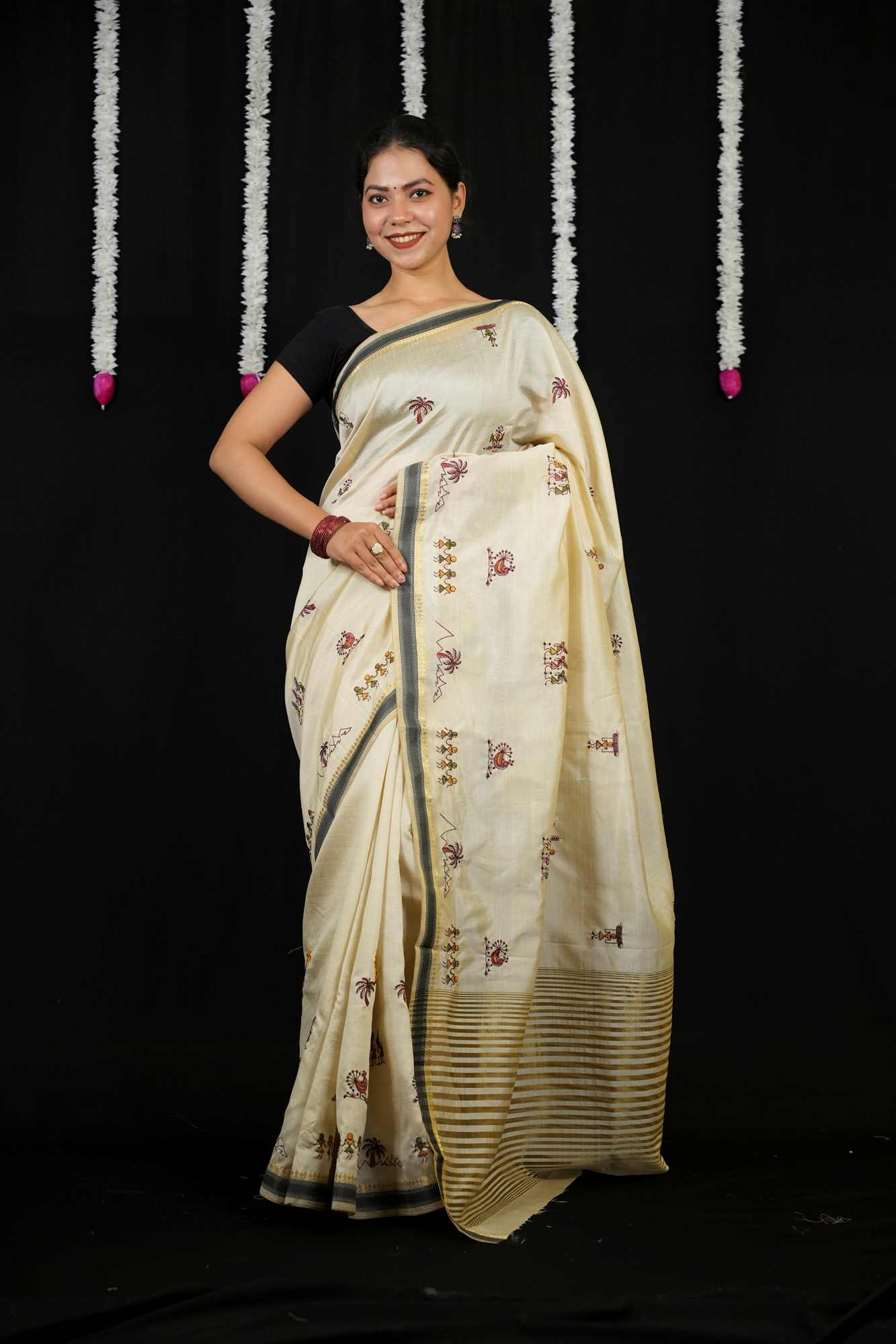 Kerala Kasavu with Hand-Embroidered Tribal & Nature Motifs Ready To Wear Saree