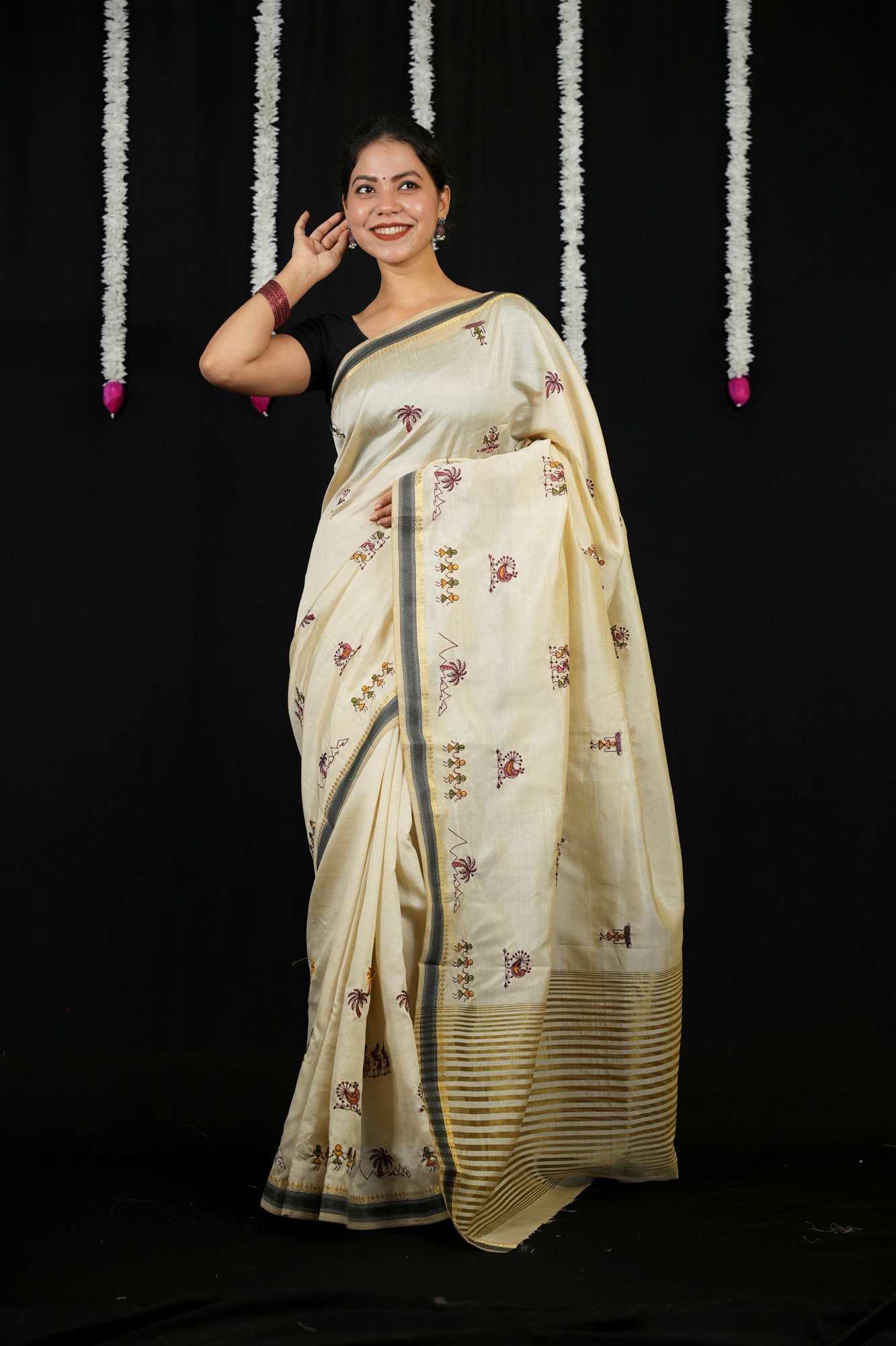 Kerala Kasavu with Hand-Embroidered Tribal & Nature Motifs Ready To Wear Saree