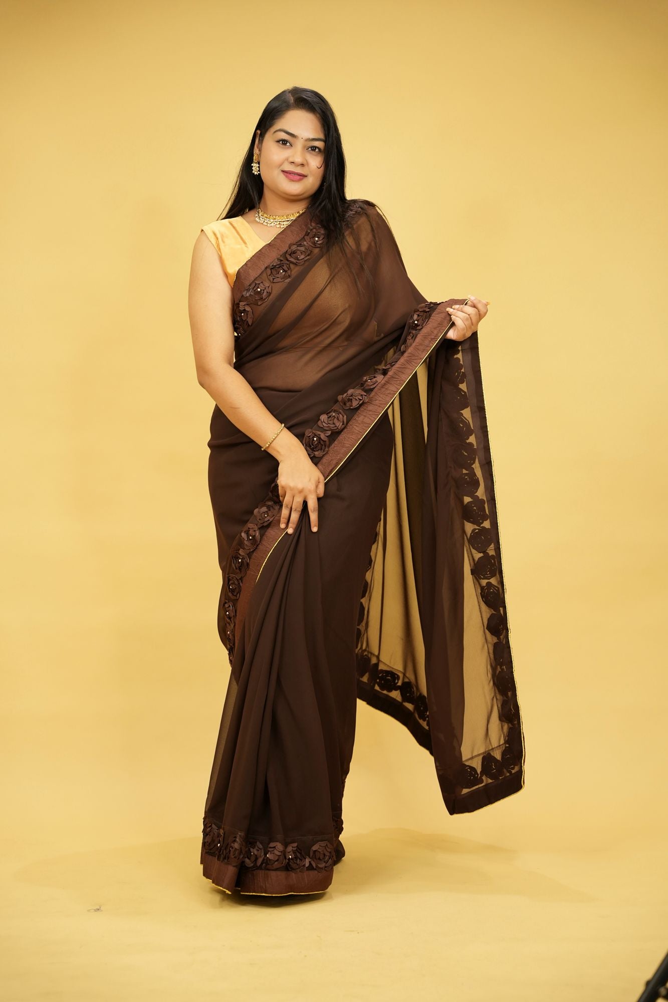 Poly Georgette with 3D Floral Embellished Border Ready To Wear Saree