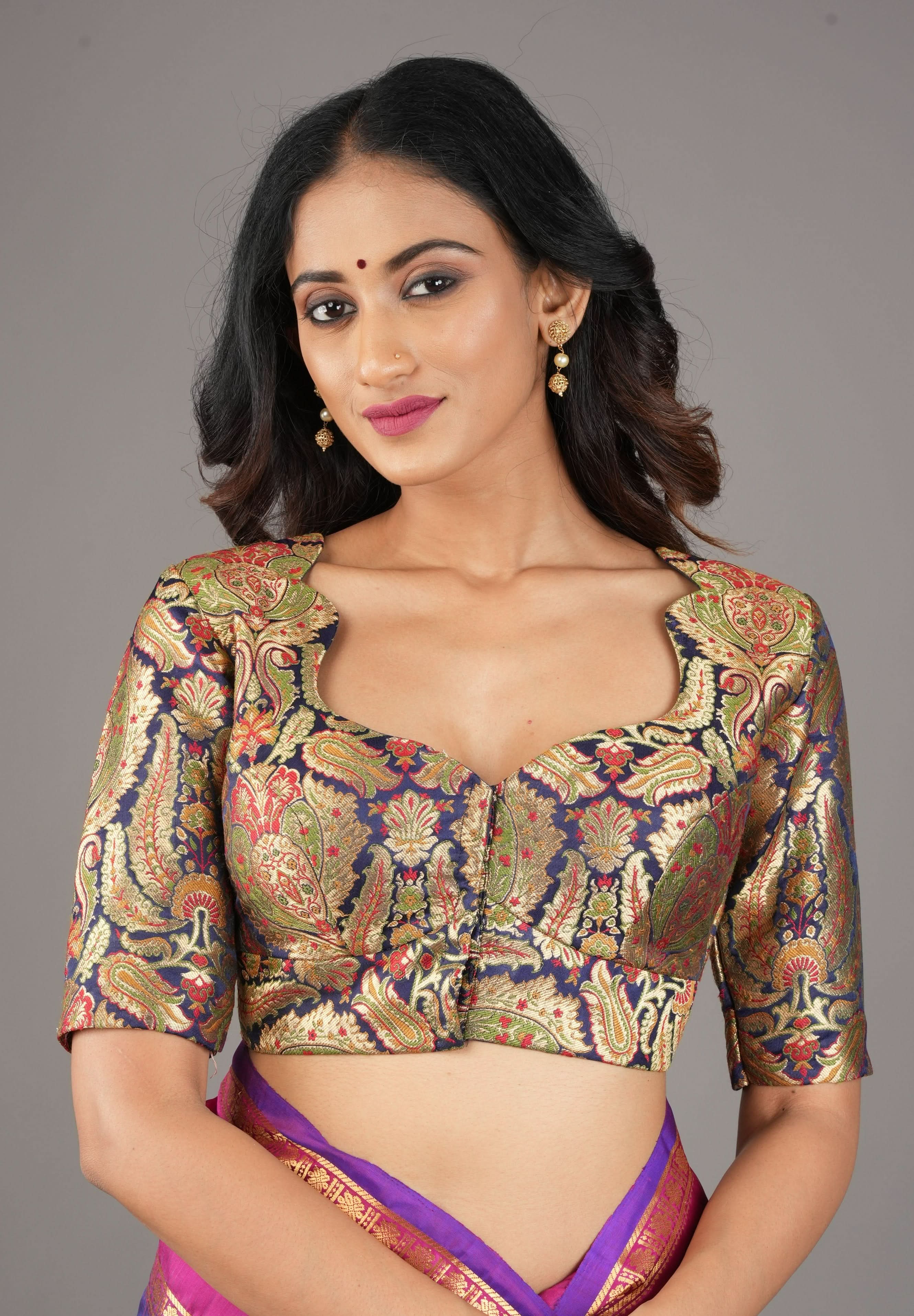Khimkhwab Meenakari Brocade Blouse in Navy Blue Base and Arch Neck, customizable, made-to-order | Shobitam