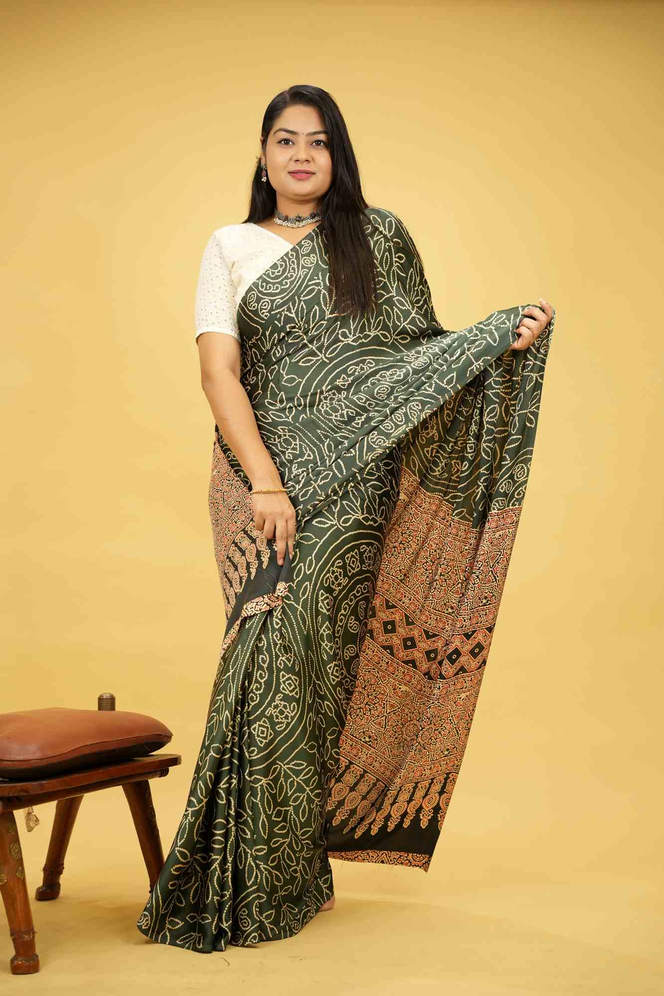 Soft Gajji with Intricate Patterns Ajrakh Detailing Ready To Wear Saree