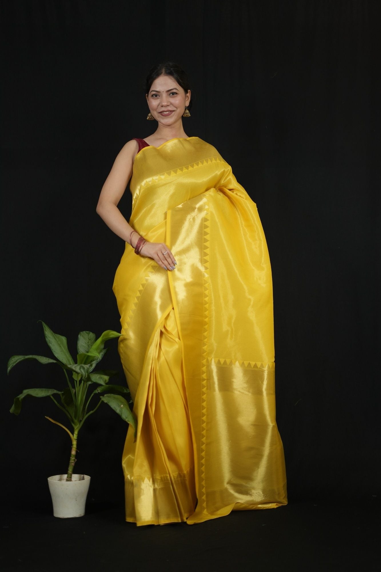 Yellow Tissue Silk with Golden Zari Border and Zigzag Pallu Ready To Wear Saree
