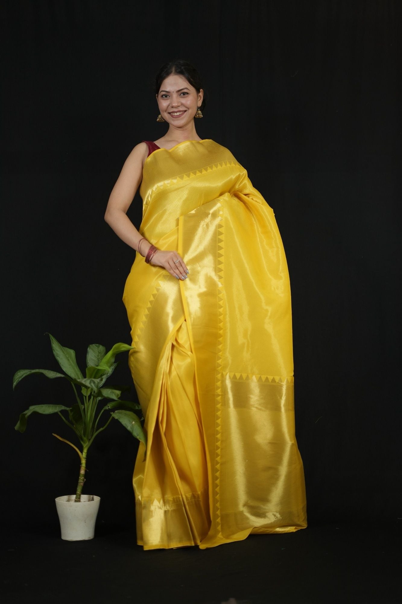 Yellow Tissue Silk with Golden Zari Border and Zigzag Pallu Ready To Wear Saree