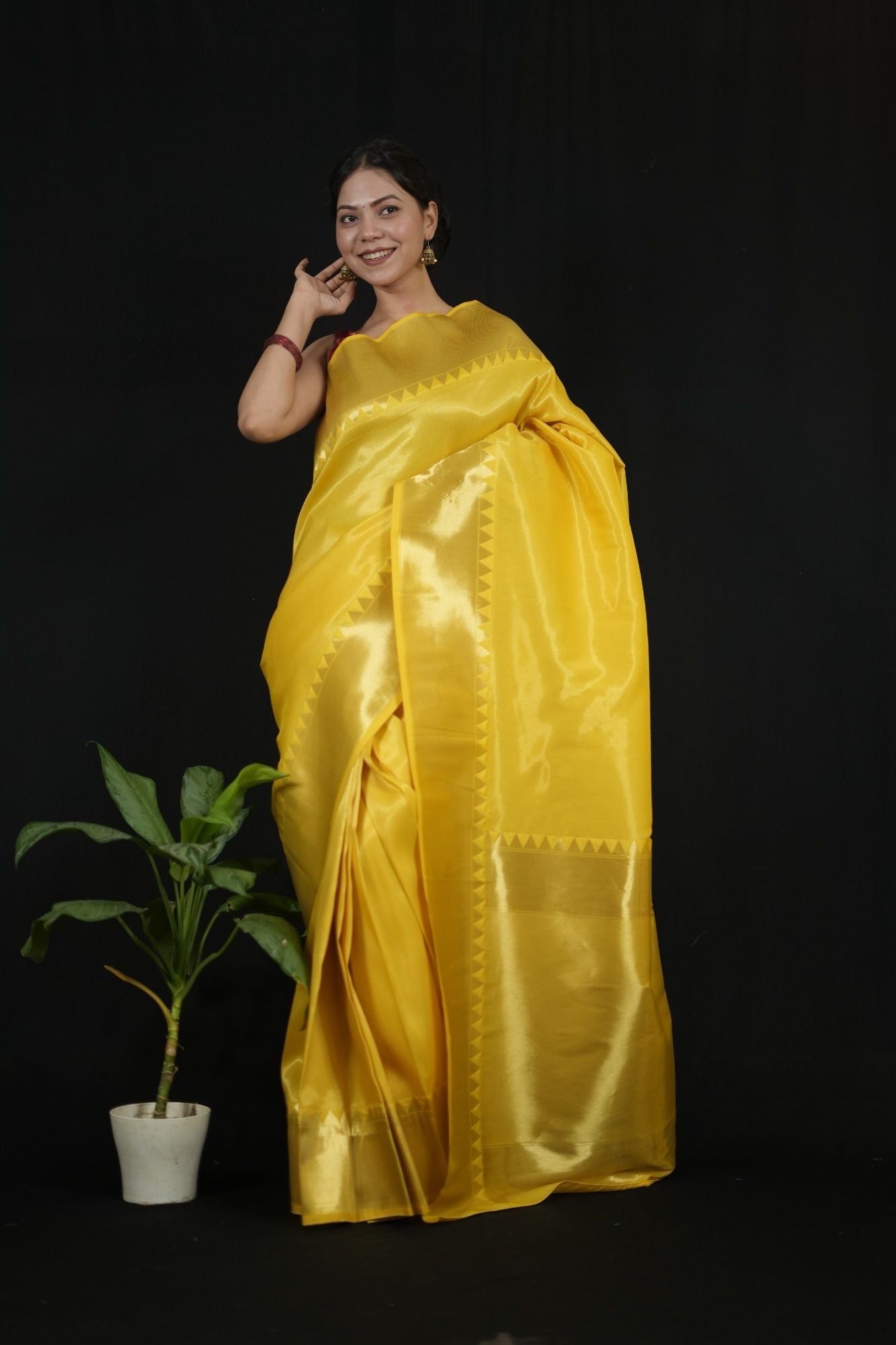 Yellow Tissue Silk with Golden Zari Border and Zigzag Pallu Ready To Wear Saree
