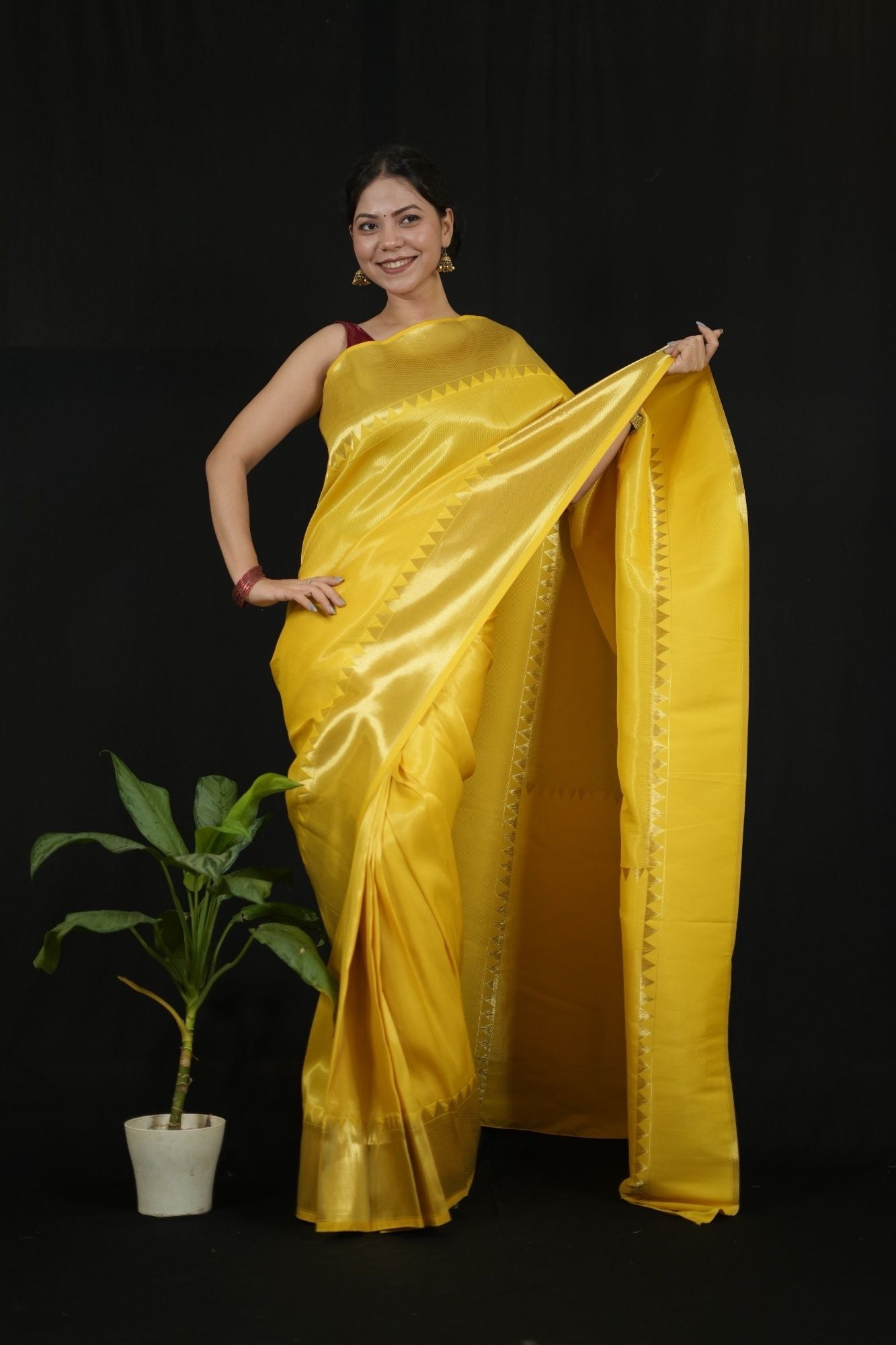 Yellow Tissue Silk with Golden Zari Border and Zigzag Pallu Ready To Wear Saree