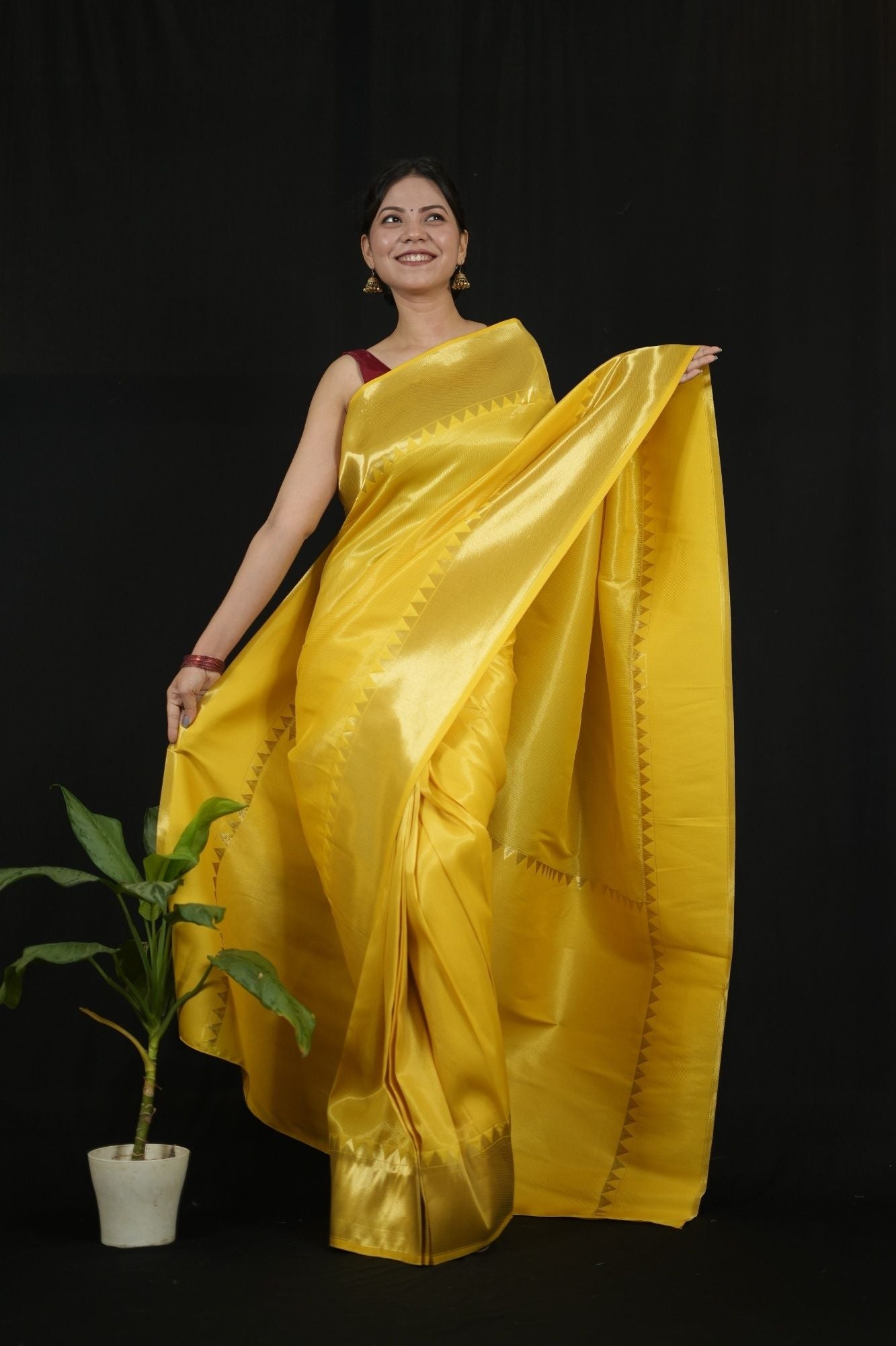 Yellow Tissue Silk with Golden Zari Border and Zigzag Pallu Ready To Wear Saree