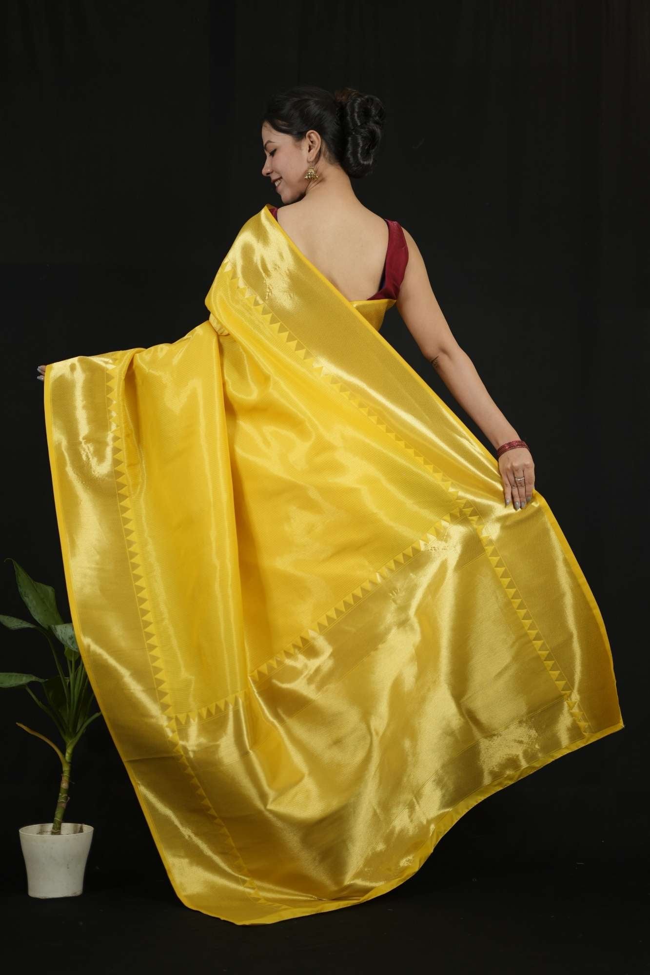 Yellow Tissue Silk with Golden Zari Border and Zigzag Pallu Ready To Wear Saree