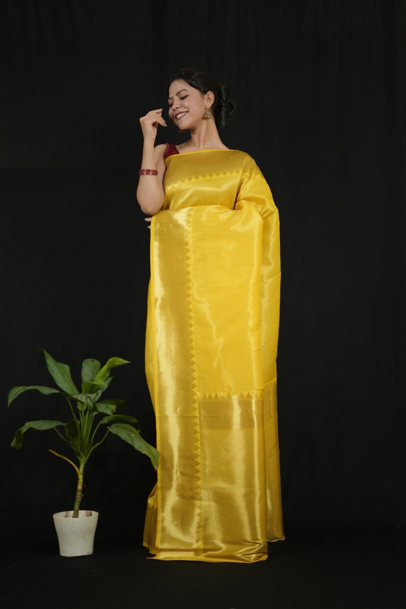 Yellow Tissue Silk with Golden Zari Border and Zigzag Pallu Ready To Wear Saree