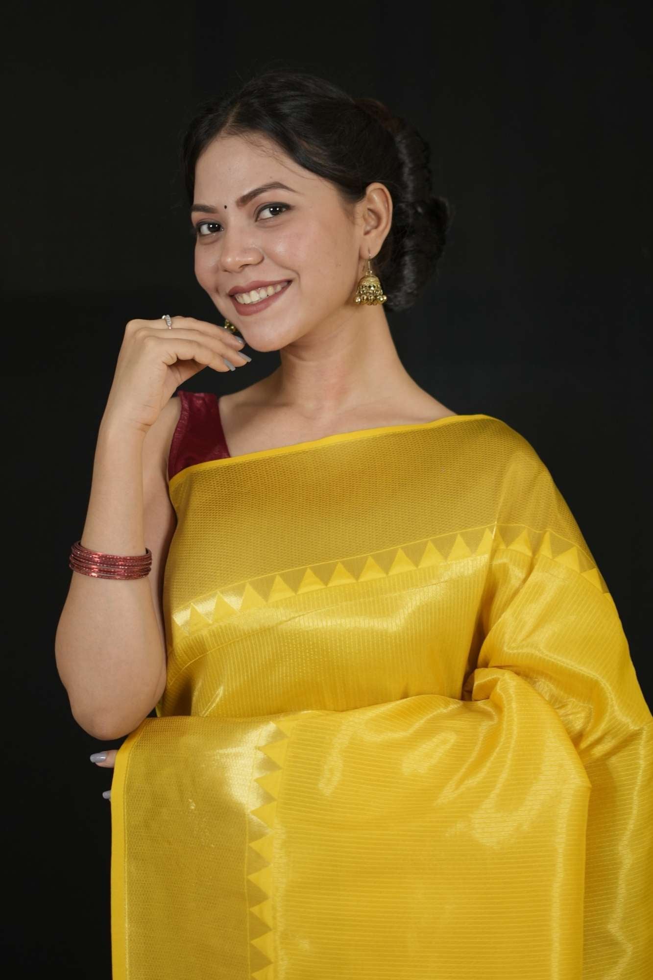 Yellow Tissue Silk with Golden Zari Border and Zigzag Pallu Ready To Wear Saree