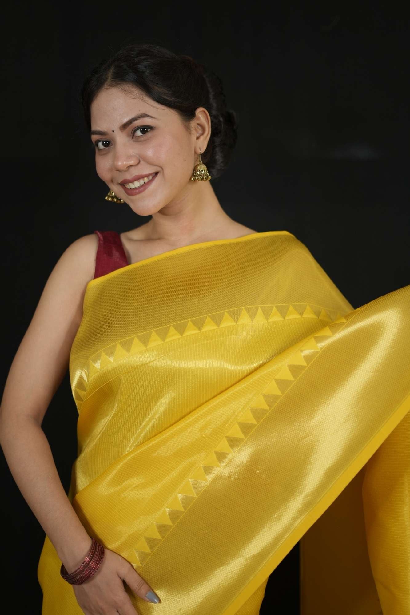 Yellow Tissue Silk with Golden Zari Border and Zigzag Pallu Ready To Wear Saree