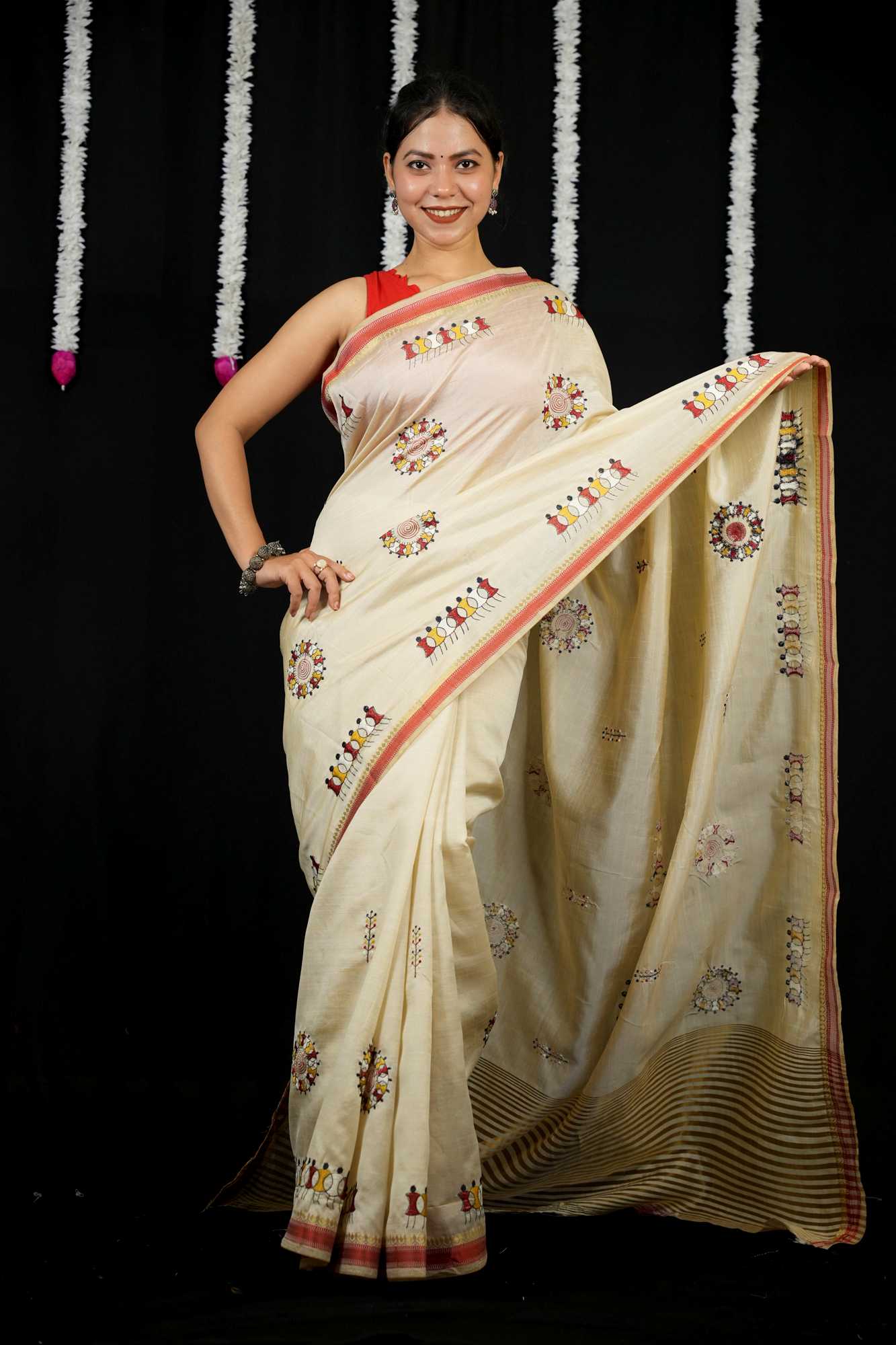 Kerala Kasavu with Tribal & Nature-Inspired Embroidery Ready To Wear Saree