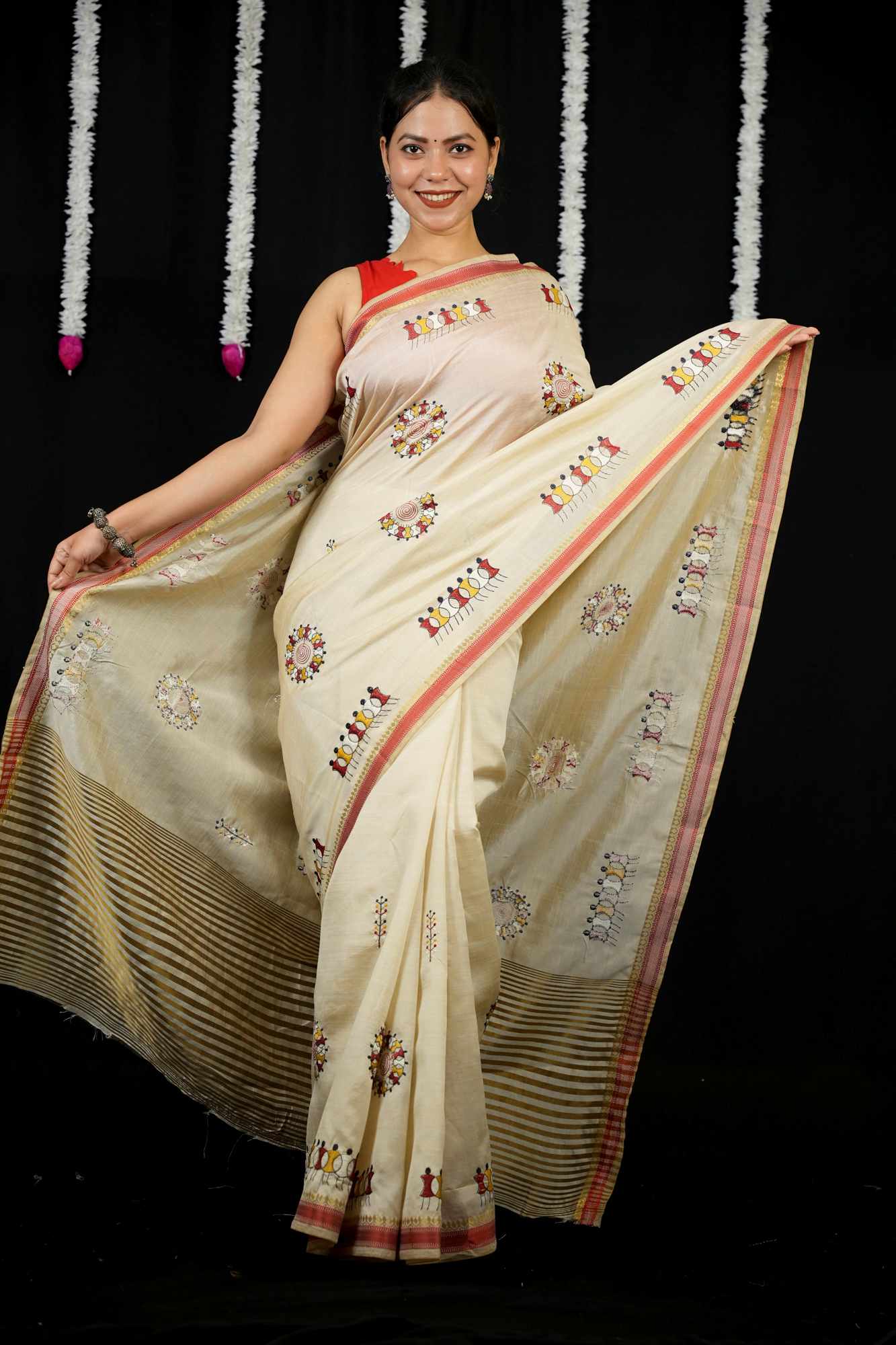 Kerala Kasavu with Tribal & Nature-Inspired Embroidery Ready To Wear Saree