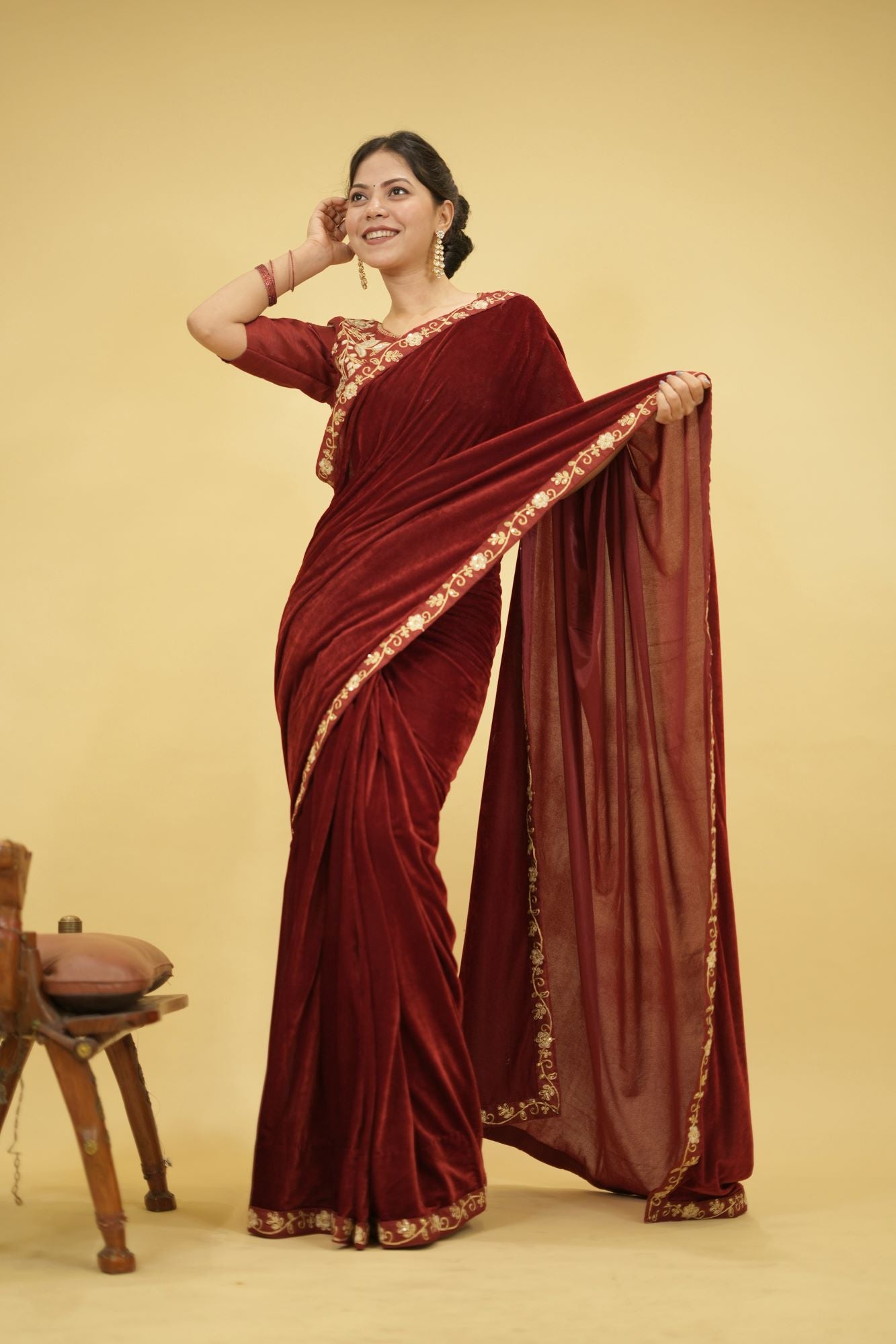 Velvet Embroidered Saree with Sequins Cording Lace Border Ready To Wear Saree with stitched blouse