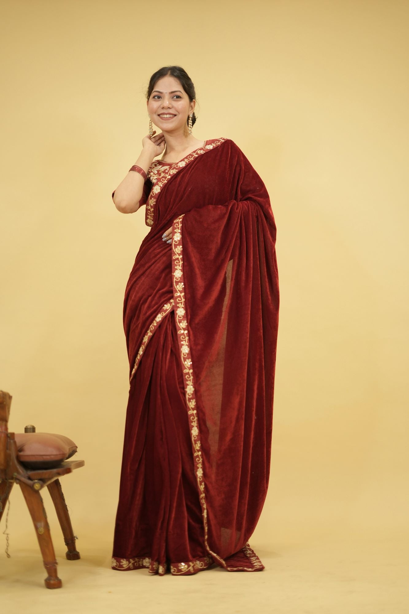 Velvet Embroidered Saree with Sequins Cording Lace Border Ready To Wear Saree with stitched blouse