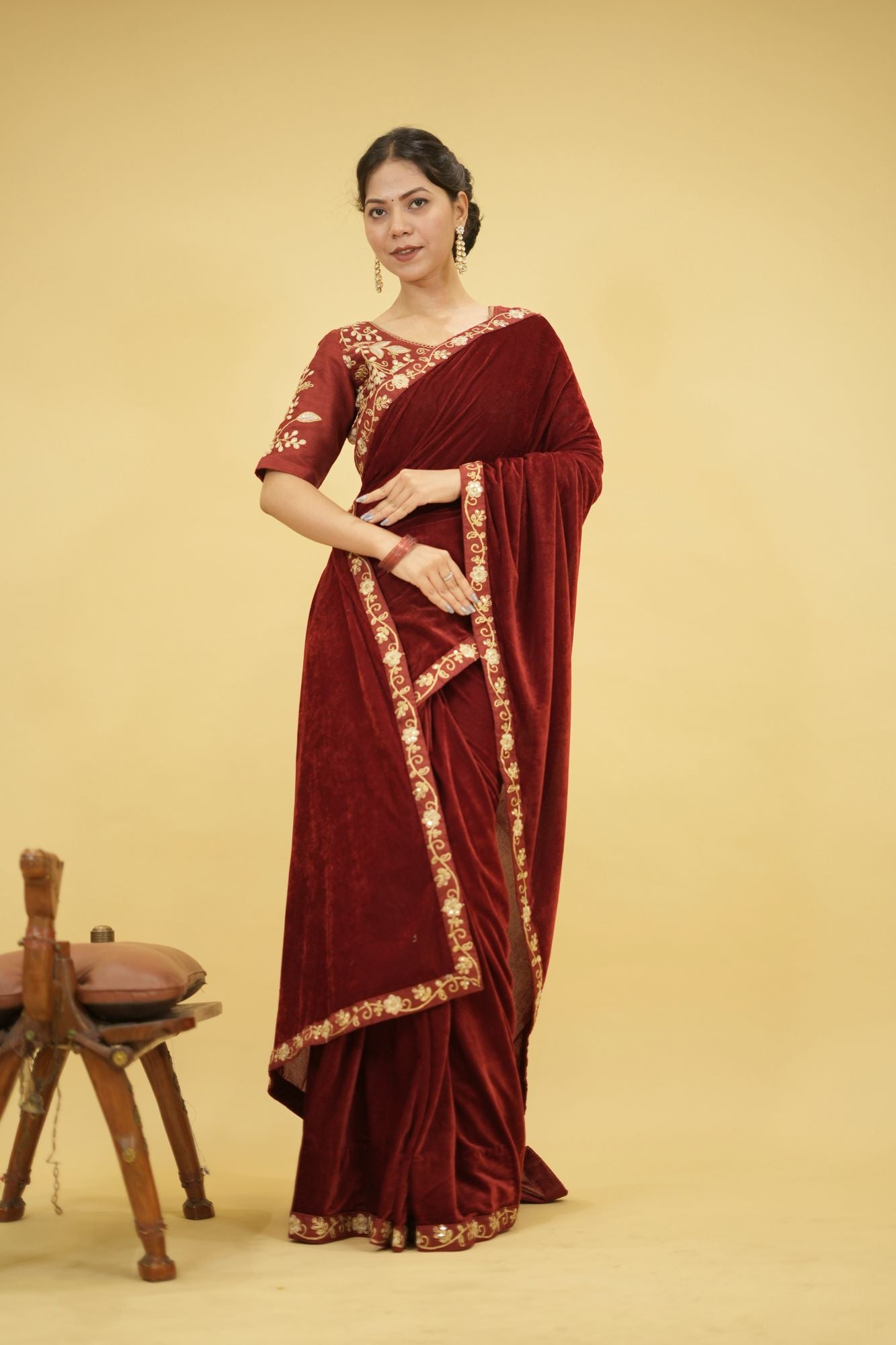Velvet Embroidered Saree with Sequins Cording Lace Border Ready To Wear Saree with stitched blouse