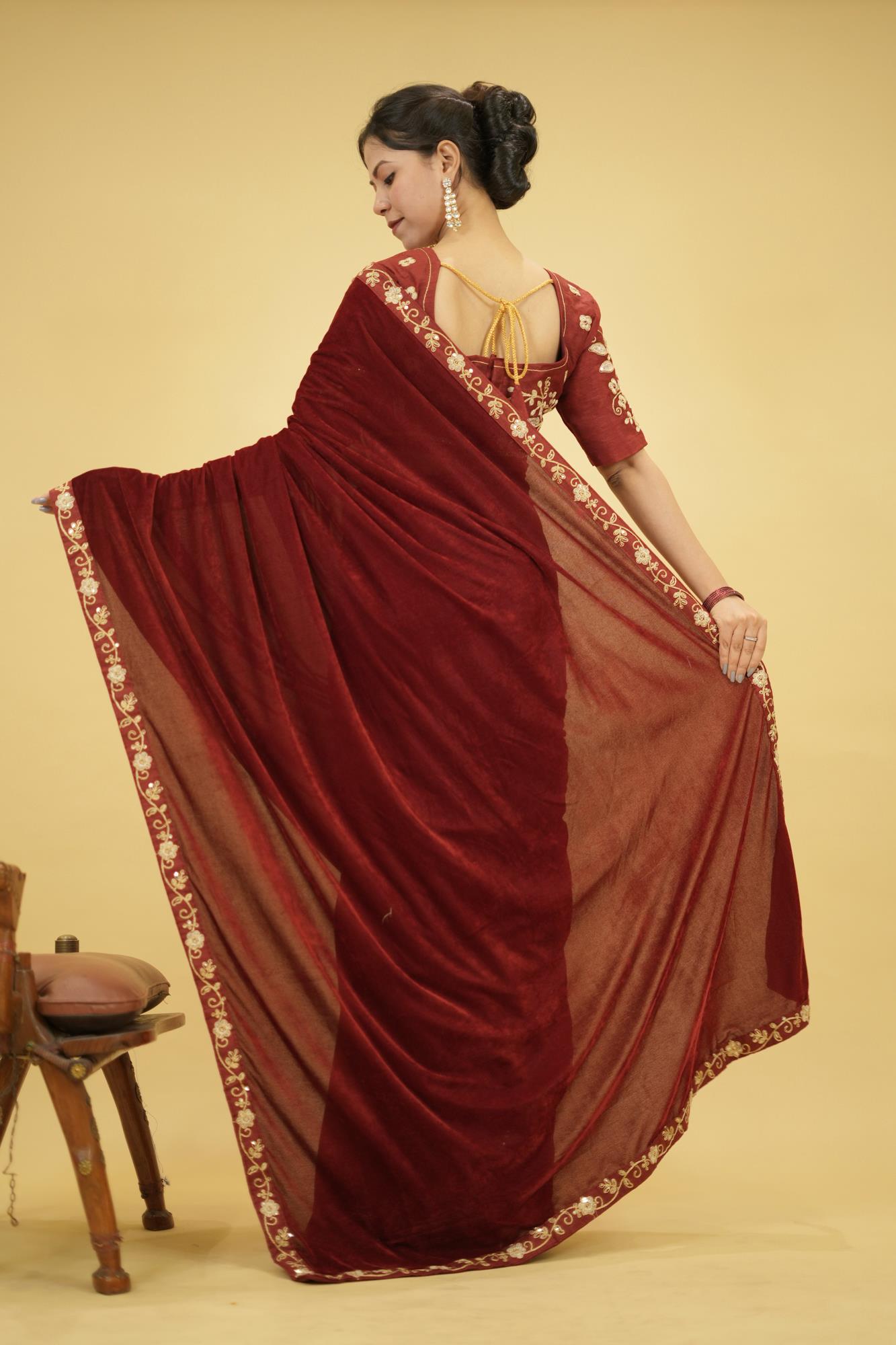Velvet Embroidered Saree with Sequins Cording Lace Border Ready To Wear Saree with stitched blouse