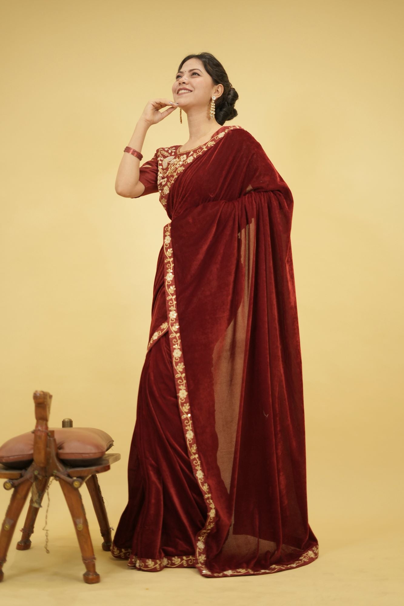 Velvet Embroidered Saree with Sequins Cording Lace Border Ready To Wear Saree with stitched blouse