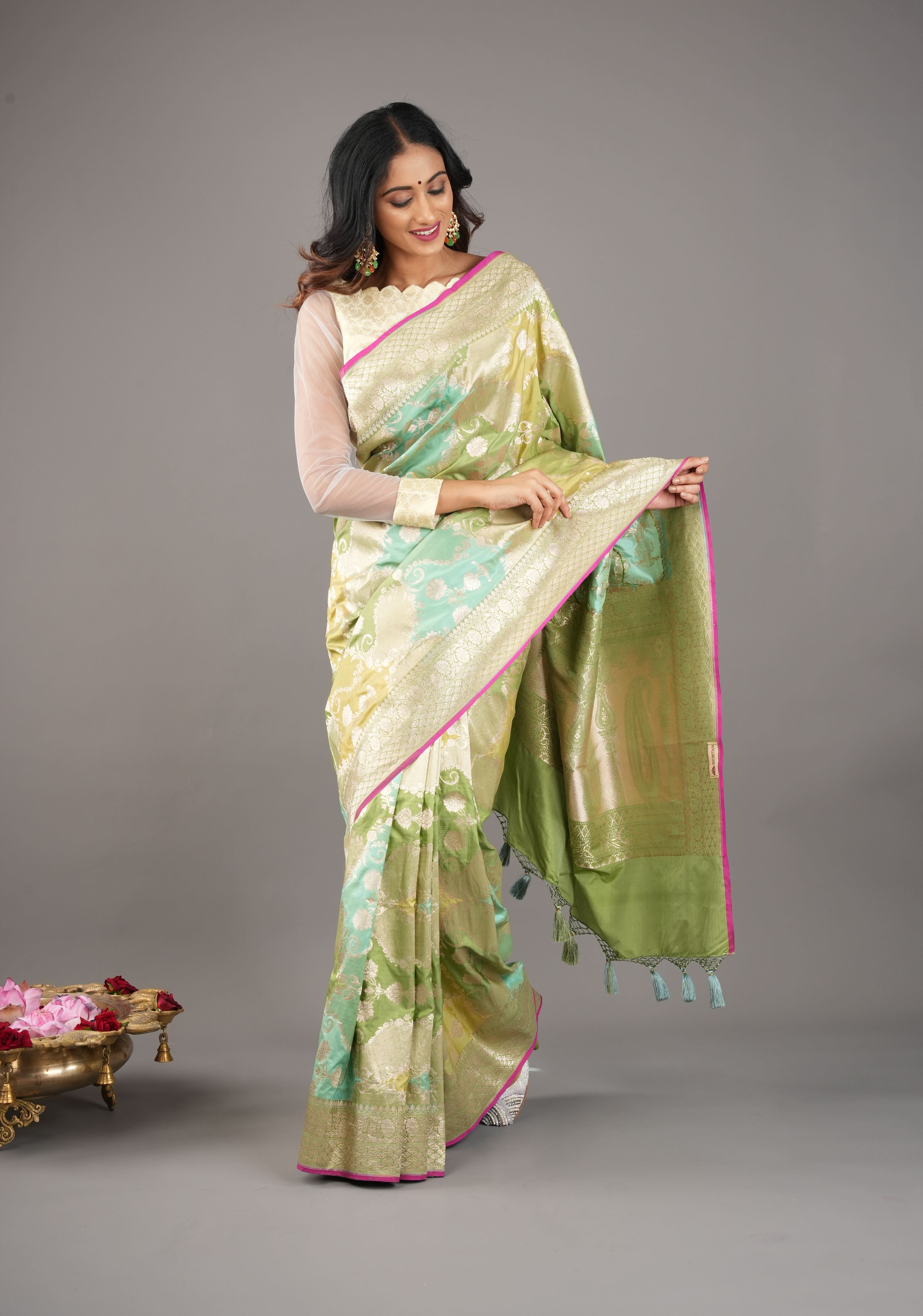 Ivory Kanjivaram Brocade Pure Silk Blouse with Scalloped Neckline and Sheer Sleeves, customizable, made-to-order | Shobitam