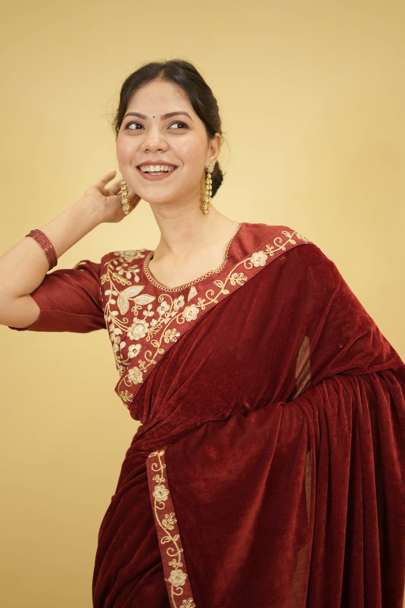 Velvet Embroidered Saree with Sequins Cording Lace Border Ready To Wear Saree with stitched blouse