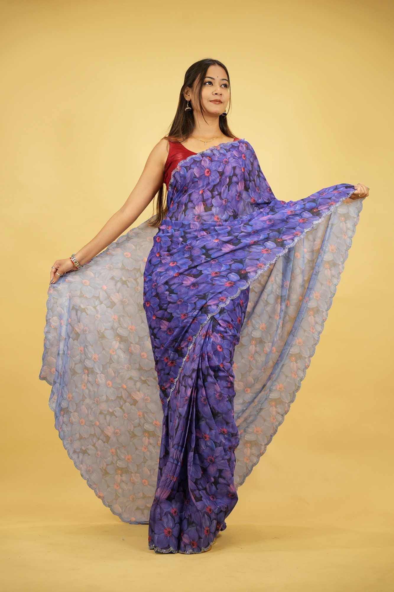 Purple Chiffon Floral Printed with Scalloped Embellished Border Ready To Wear Saree