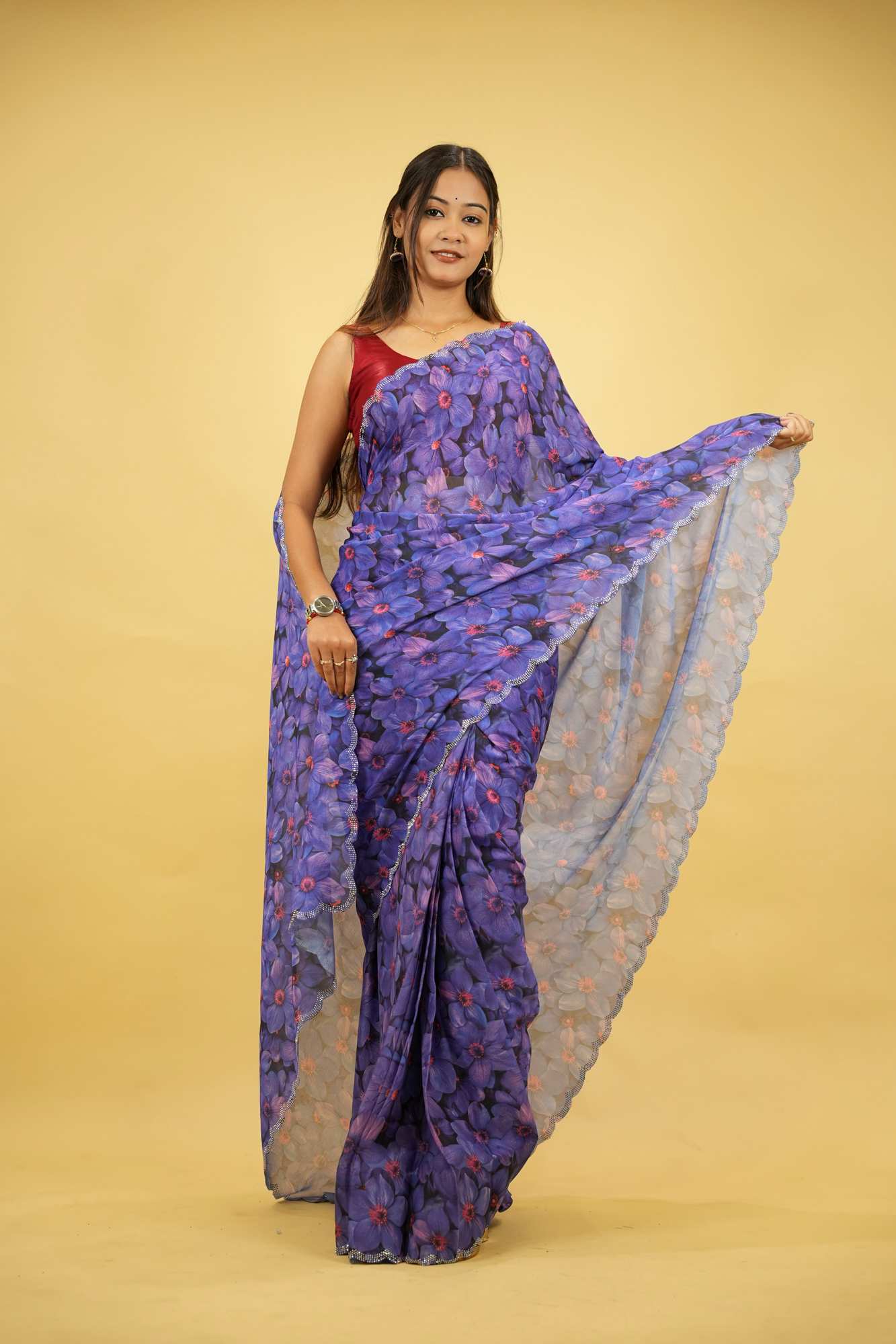 Purple Chiffon Floral Printed with Scalloped Embellished Border Ready To Wear Saree