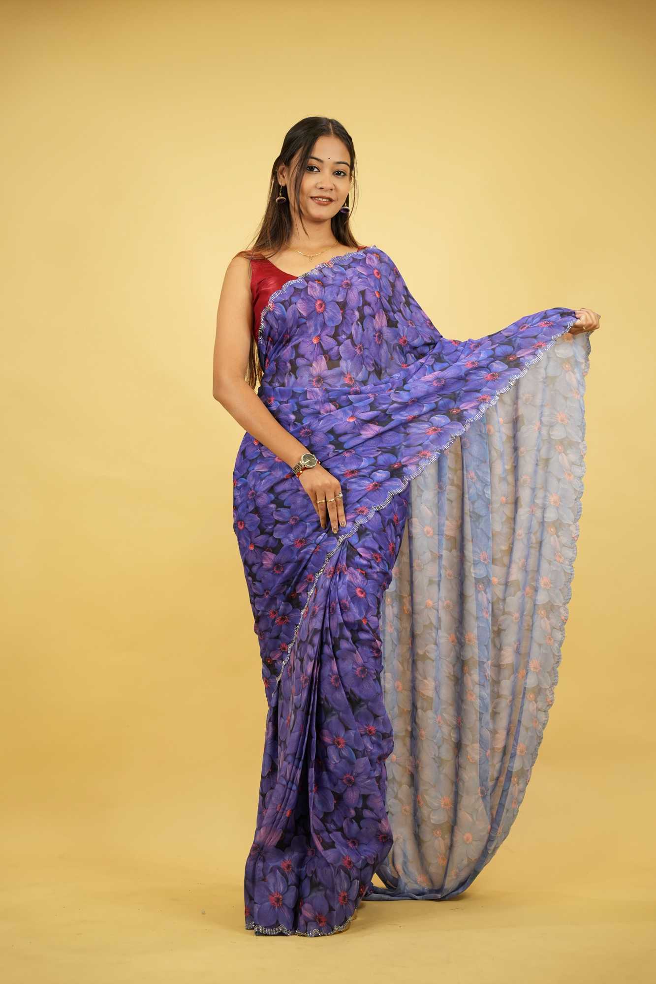 Purple Chiffon Floral Printed with Scalloped Embellished Border Ready To Wear Saree