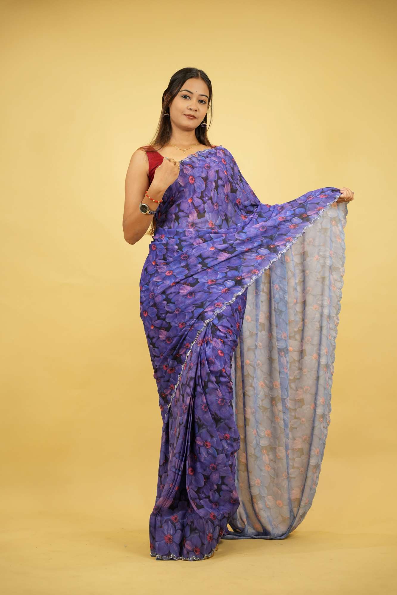 Purple Chiffon Floral Printed with Scalloped Embellished Border Ready To Wear Saree