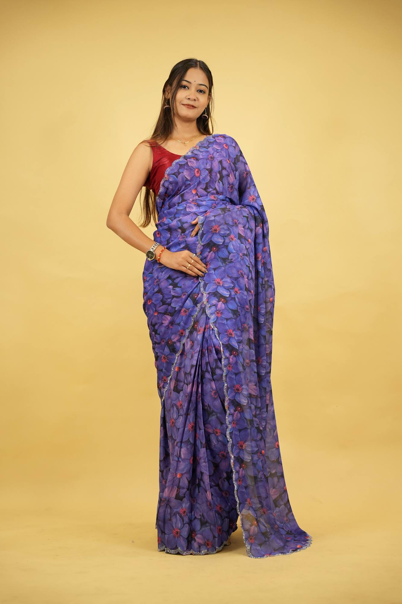 Purple Chiffon Floral Printed with Scalloped Embellished Border Ready To Wear Saree