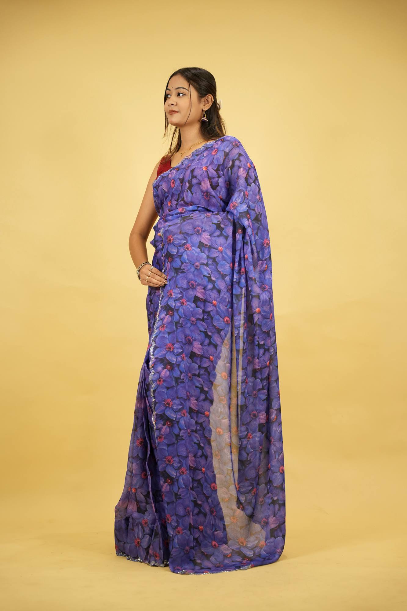 Purple Chiffon Floral Printed with Scalloped Embellished Border Ready To Wear Saree