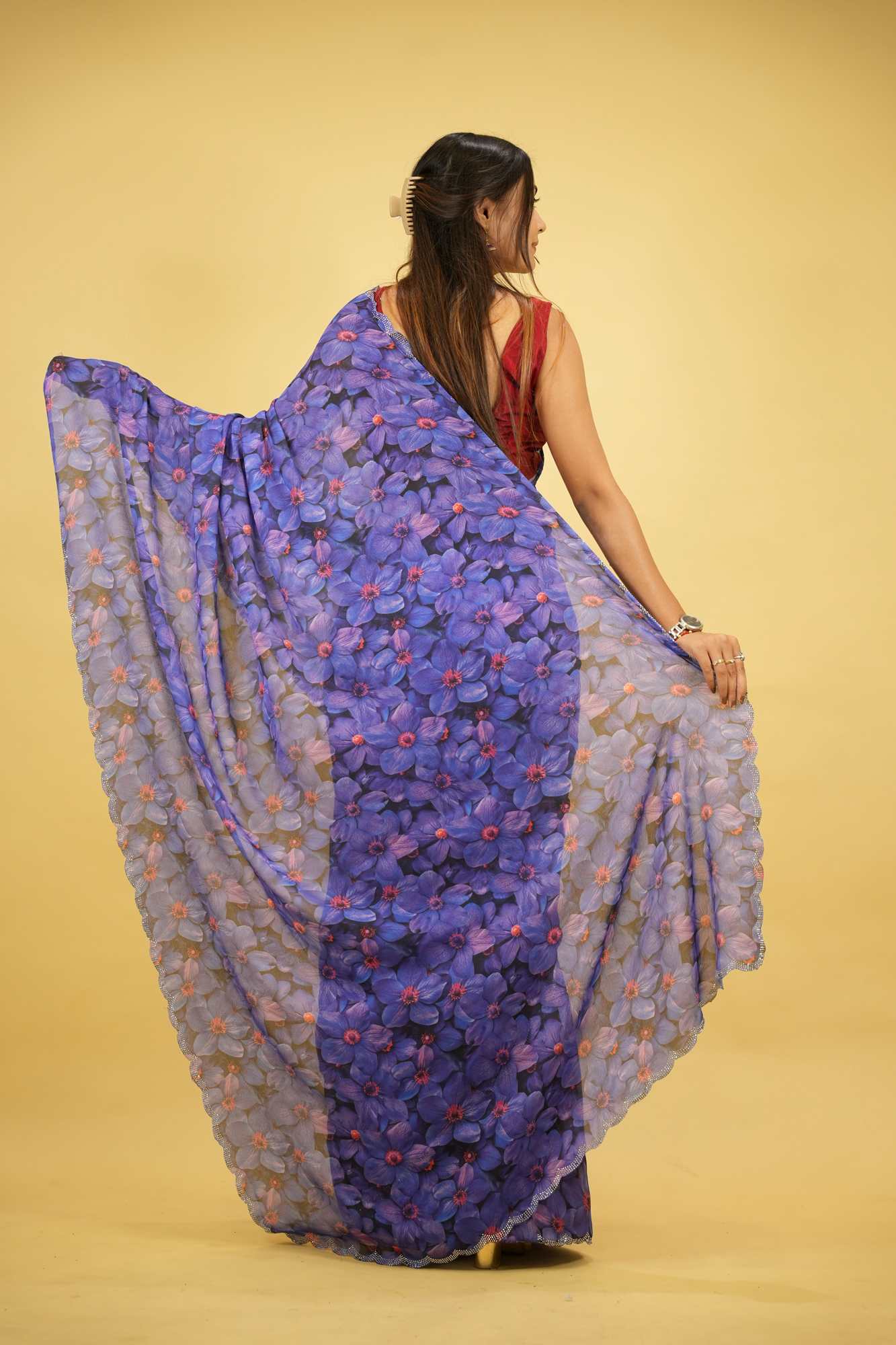 Purple Chiffon Floral Printed with Scalloped Embellished Border Ready To Wear Saree