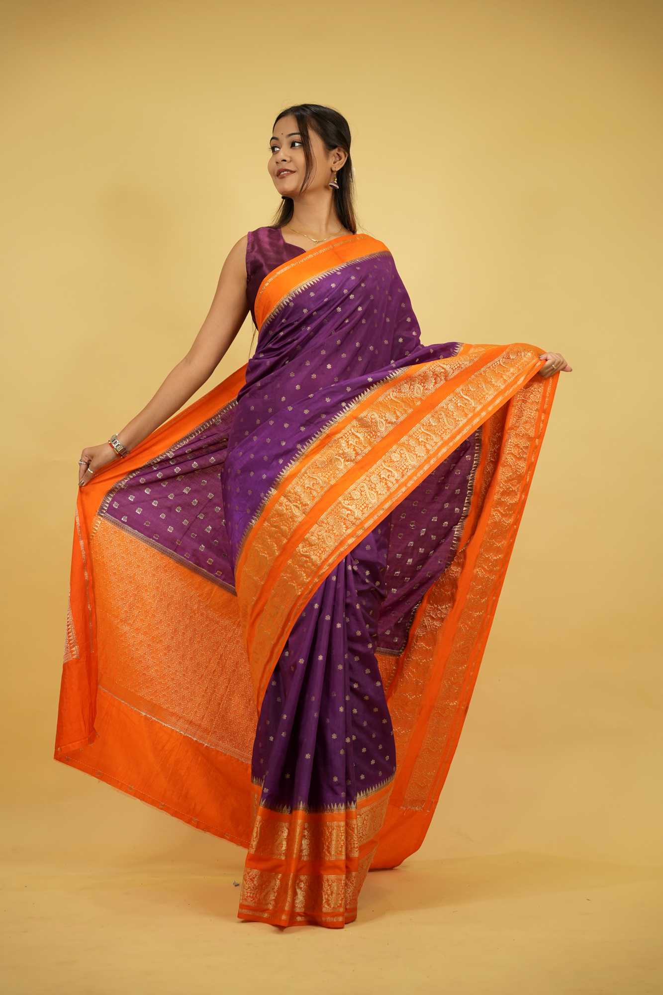 South silk with butis and woven zari contrast border prestitched saree