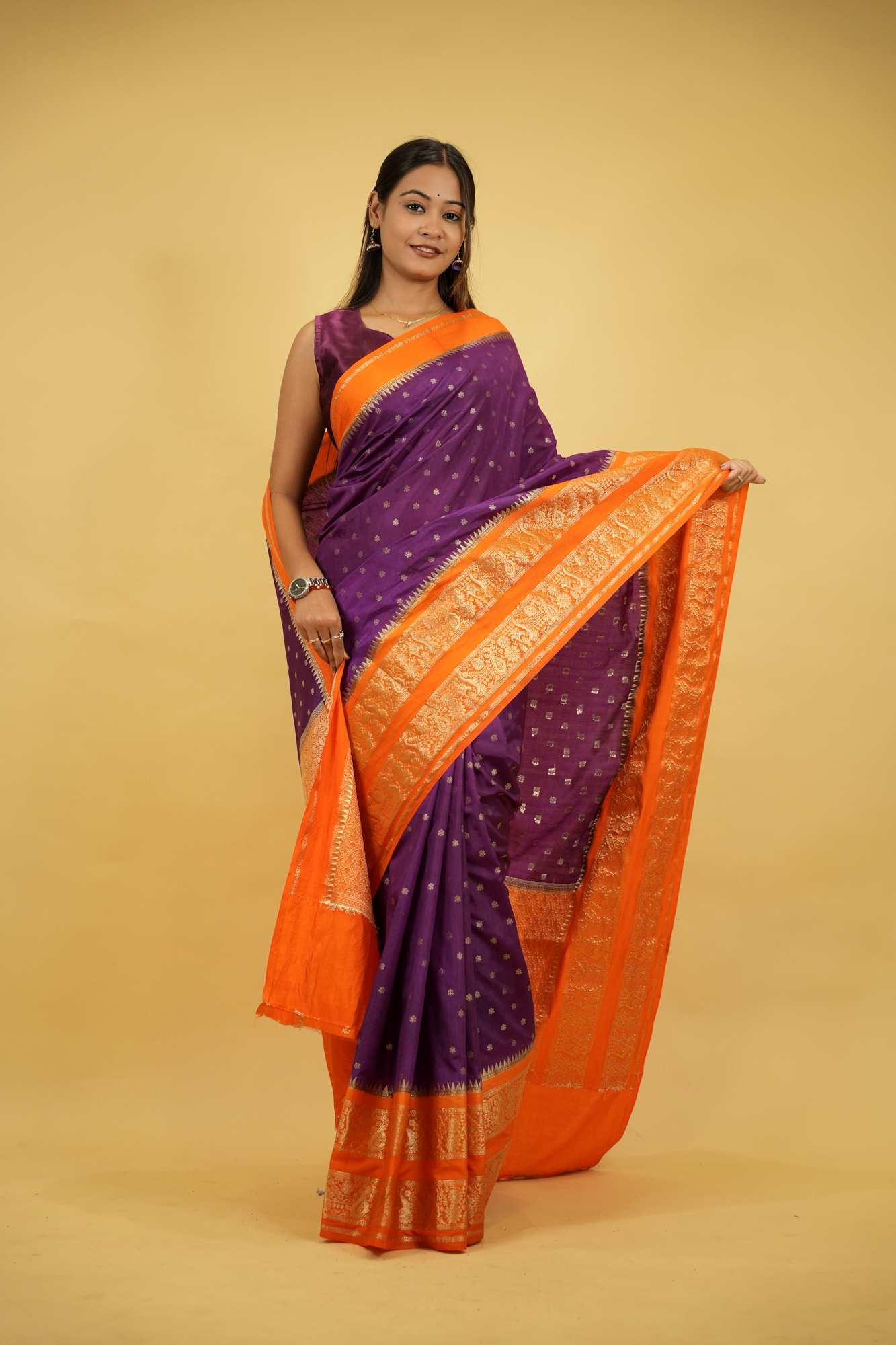 South silk with butis and woven zari contrast border prestitched saree