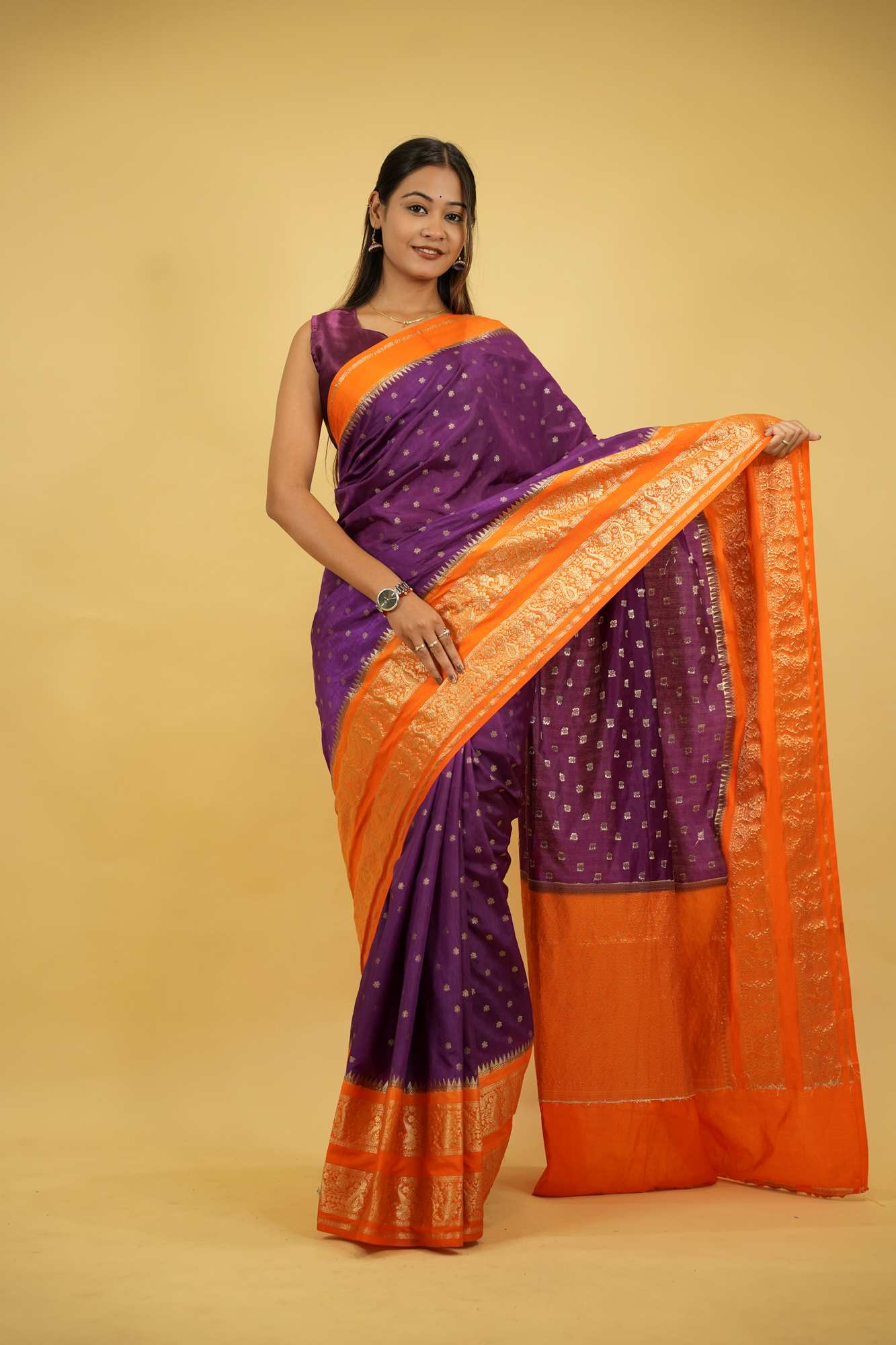 South silk with butis and woven zari contrast border prestitched saree