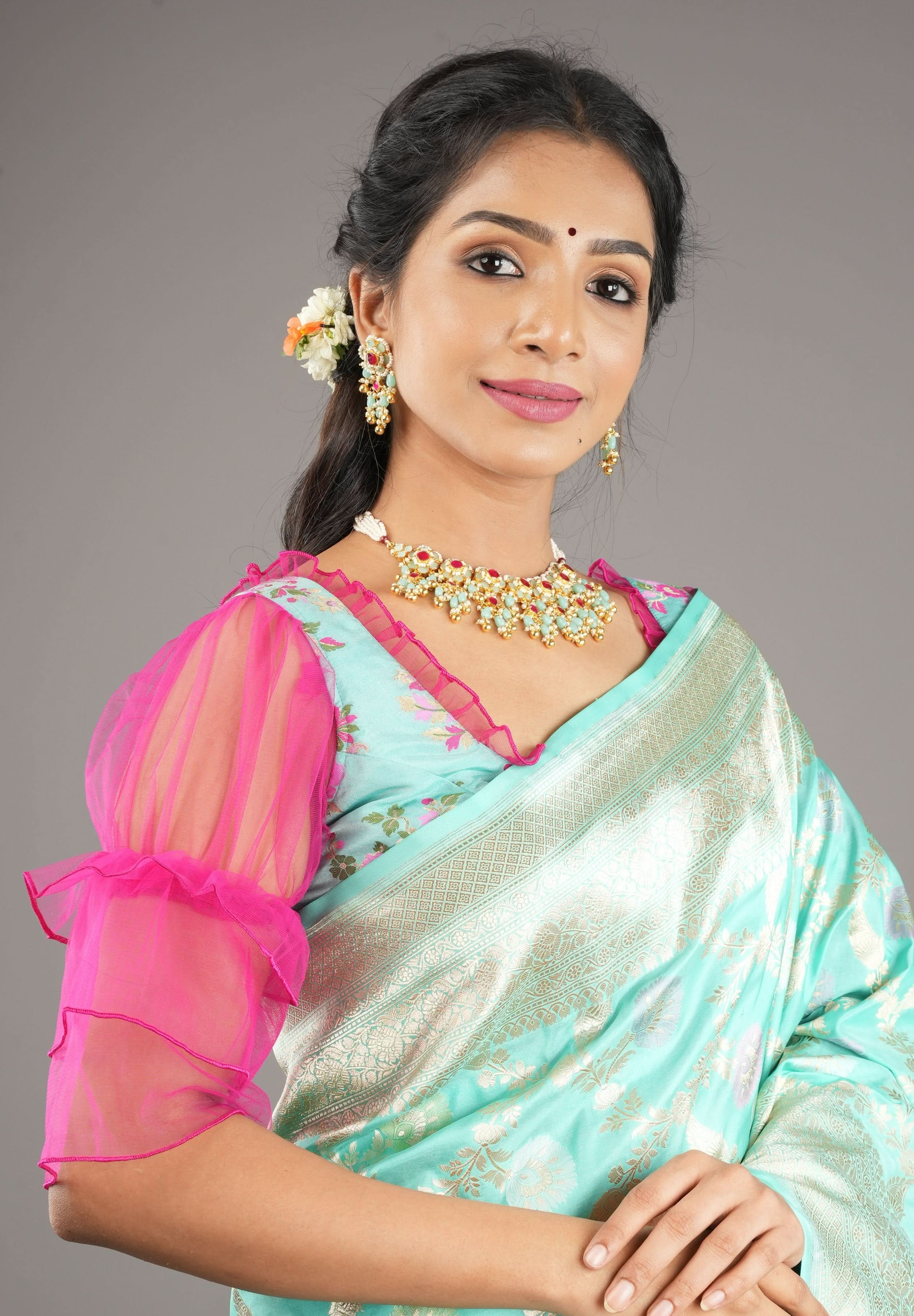 Mint Green Banarasi Meenakari Blouse with Fuchsia Net layered Puff Sleeves,customizable, made-to-order | Shobitam
