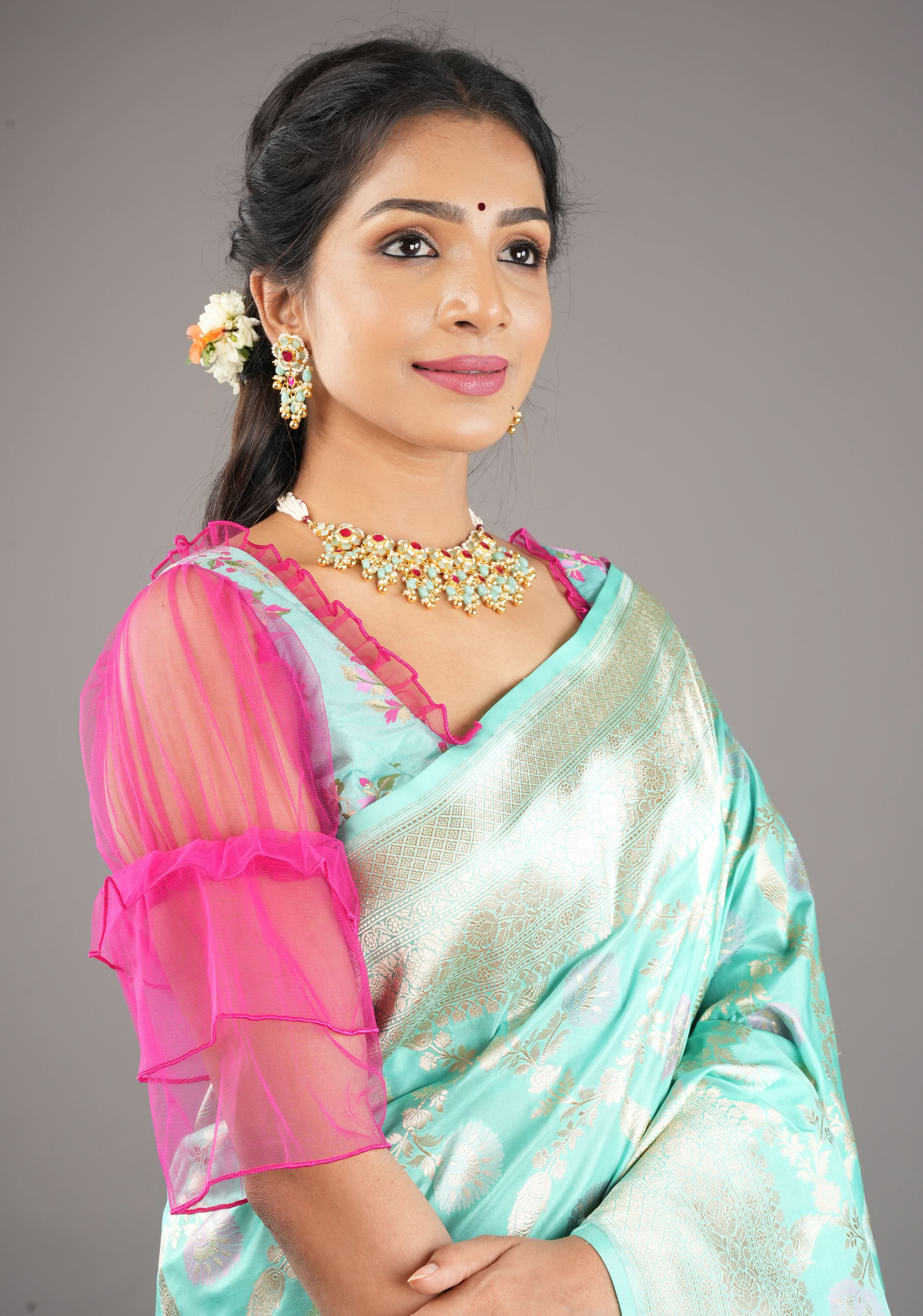 Blue tone Exquisite Jadau Floral Design Jewelry Choker set with blue and gold dangling beads | Shobitam Jewelery