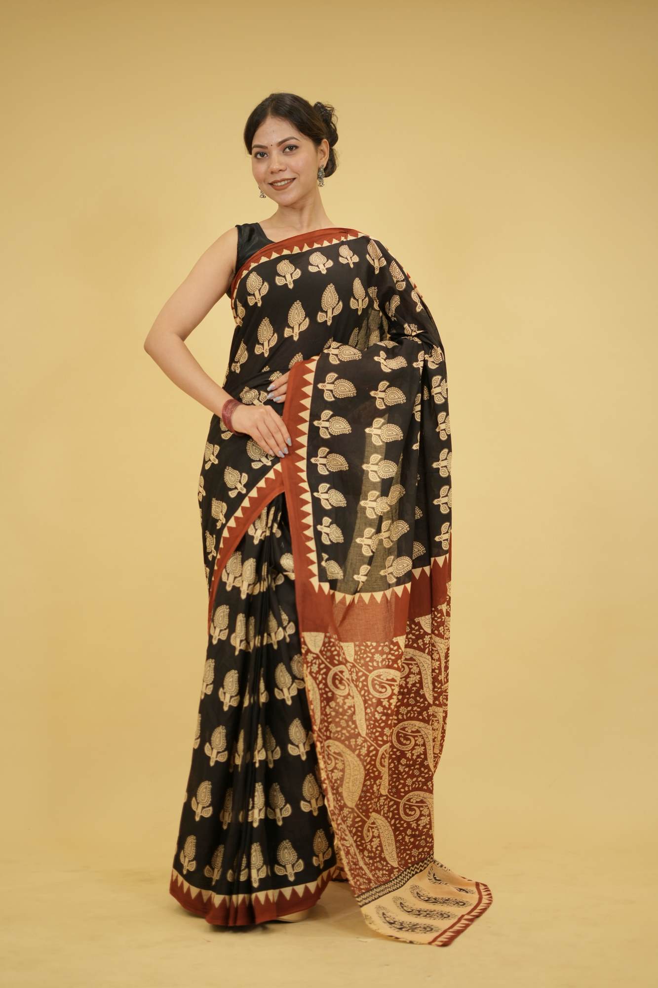 Jaipuri Black Mulmul Cotton with Hand Block Print Ready to Wear Saree
