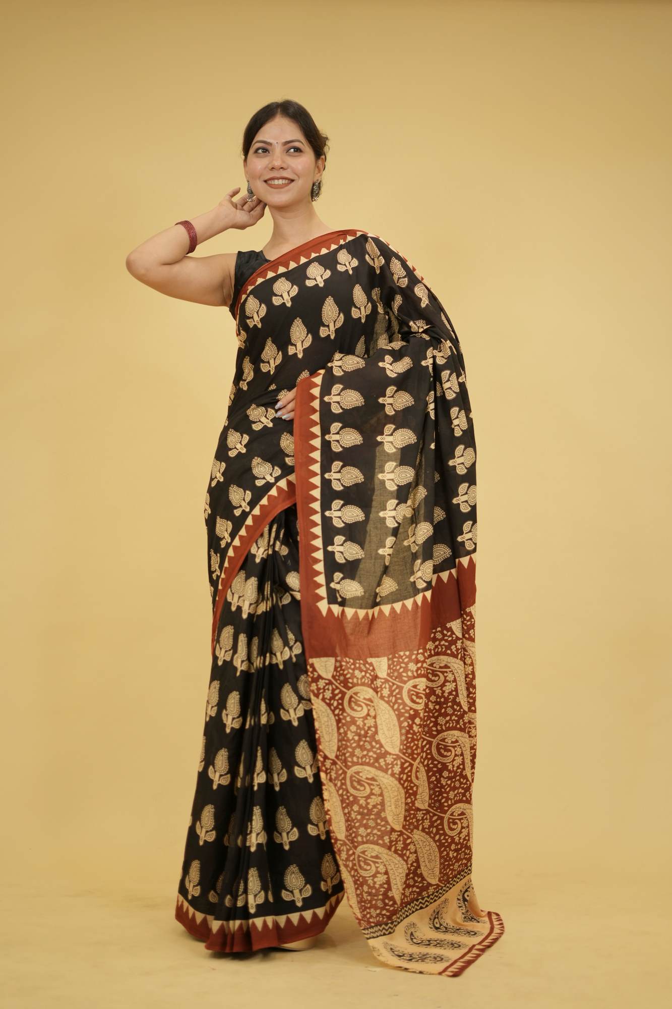 Jaipuri Black Mulmul Cotton with Hand Block Print Ready to Wear Saree