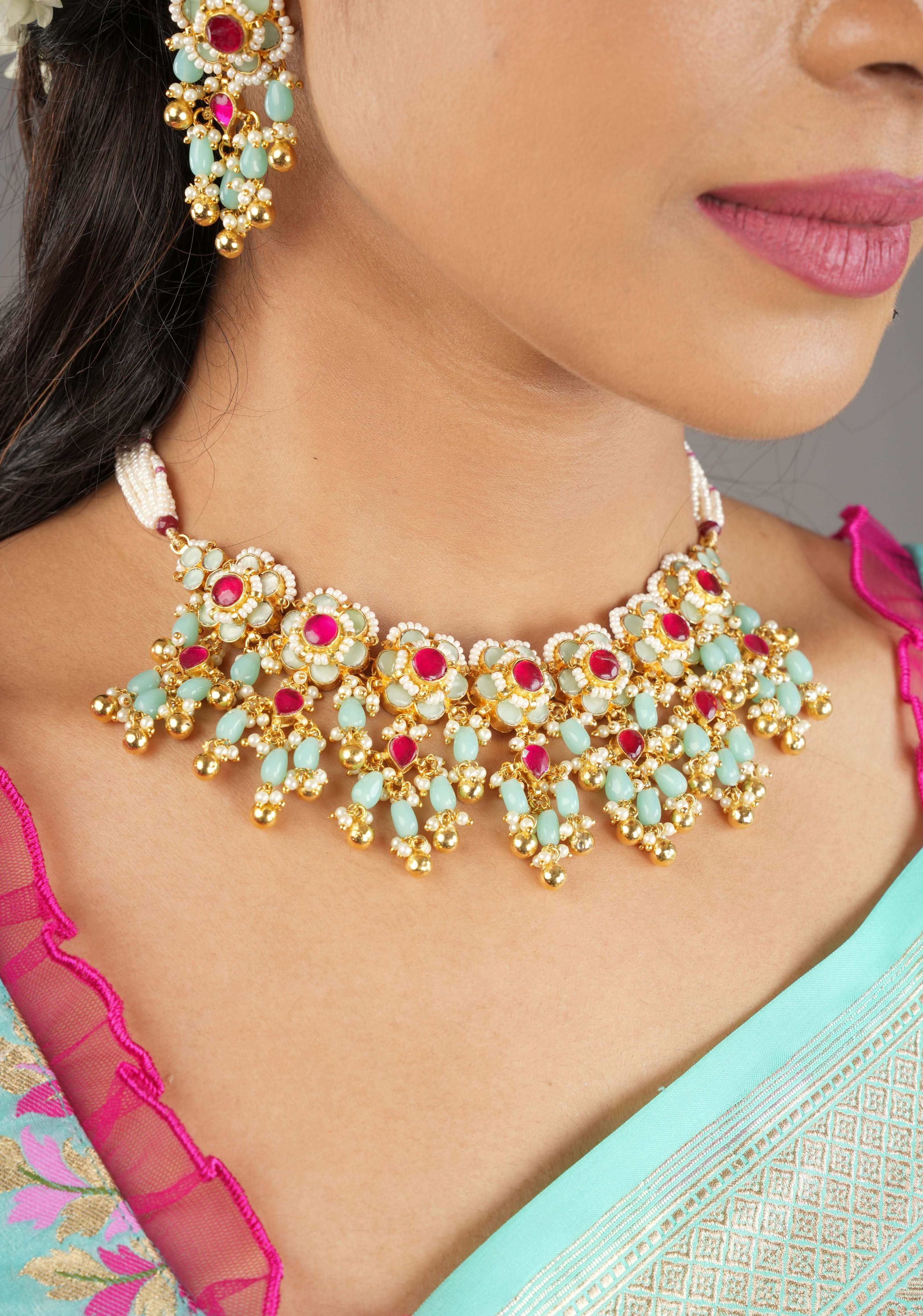 Blue tone Exquisite Jadau Floral Design Jewelry Choker set with blue and gold dangling beads | Shobitam Jewelery
