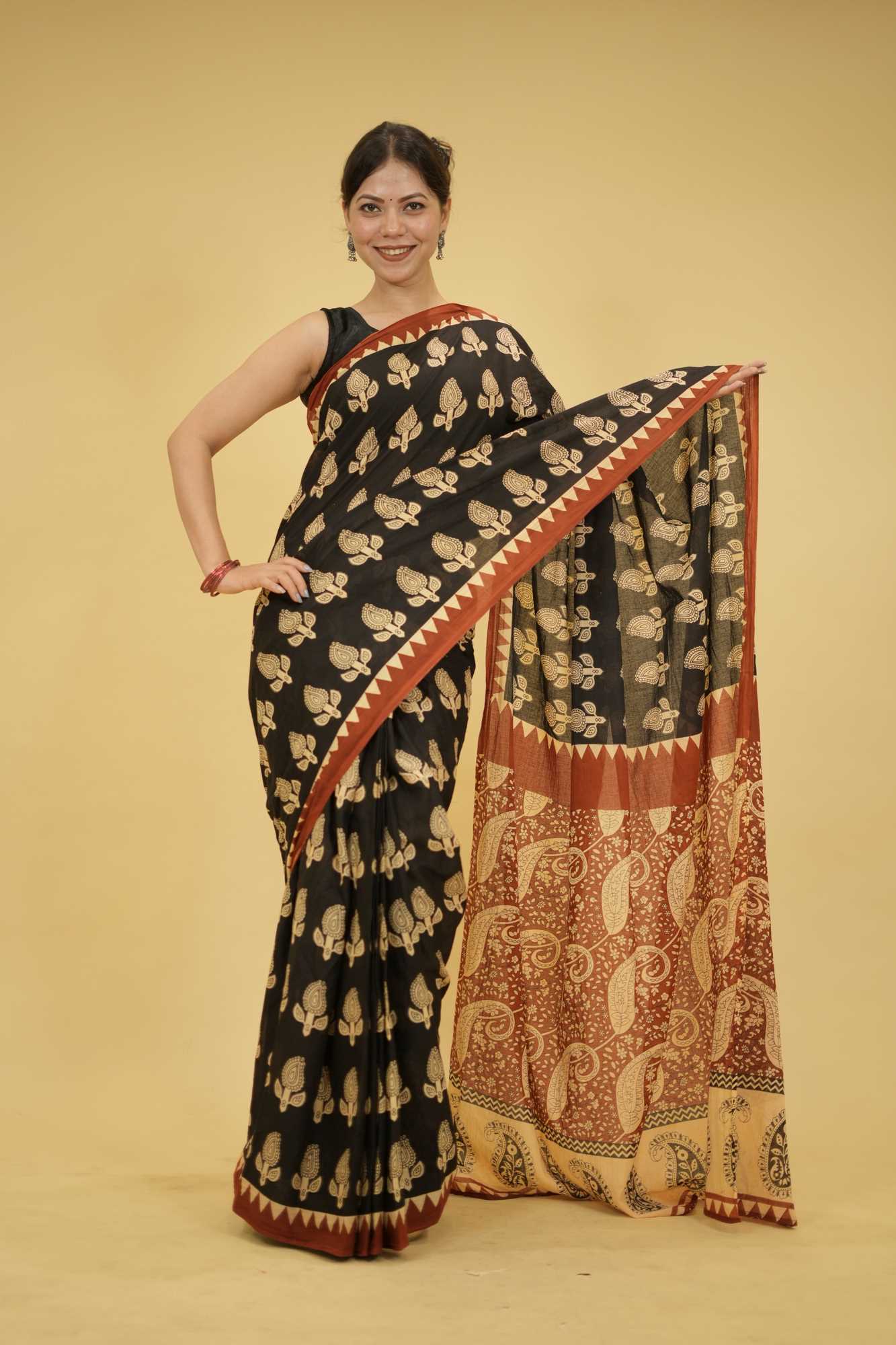 Jaipuri Black Mulmul Cotton with Hand Block Print Ready to Wear Saree