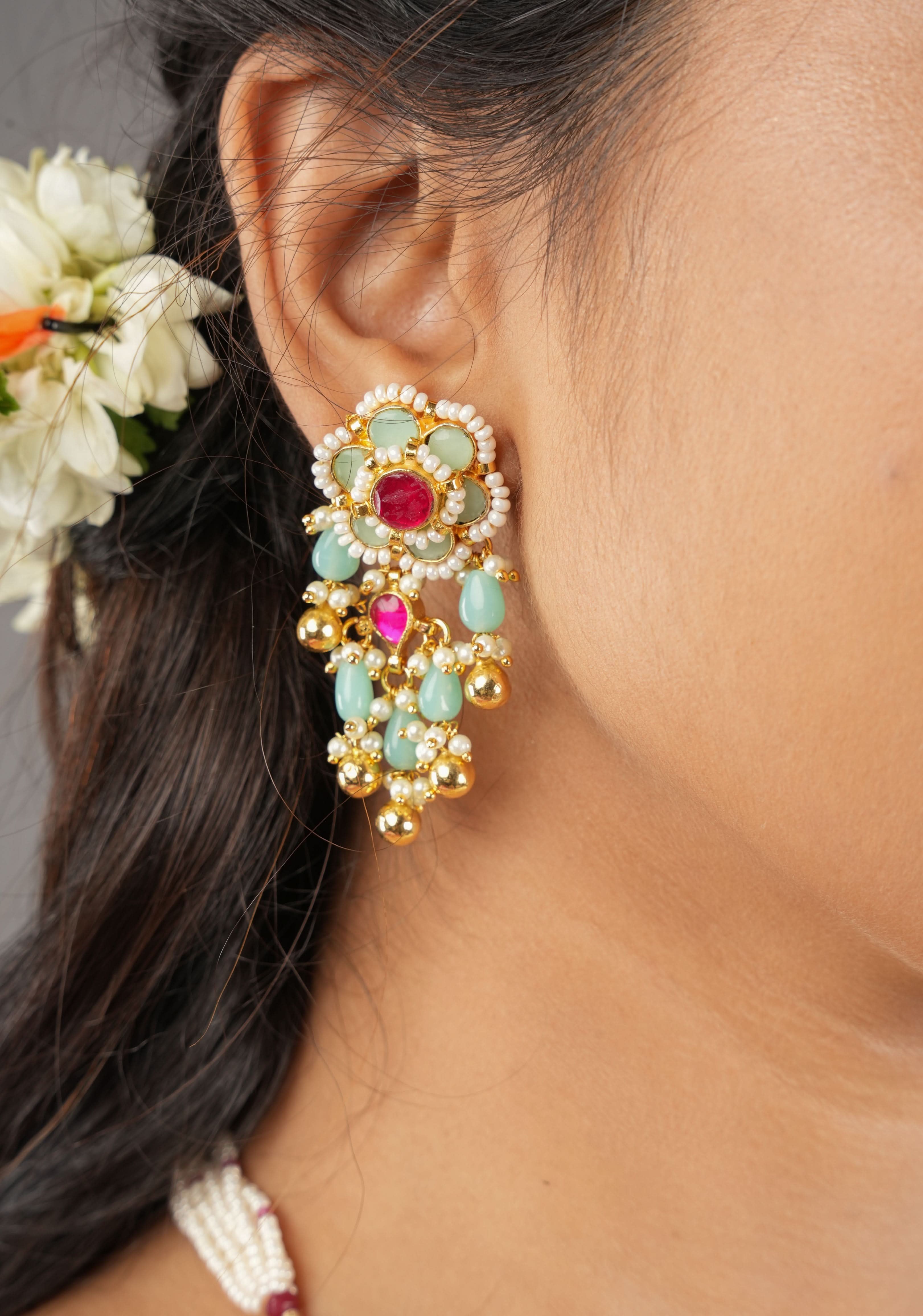 Blue tone Exquisite Jadau Floral Design Jewelry Choker set with blue and gold dangling beads | Shobitam Jewelery