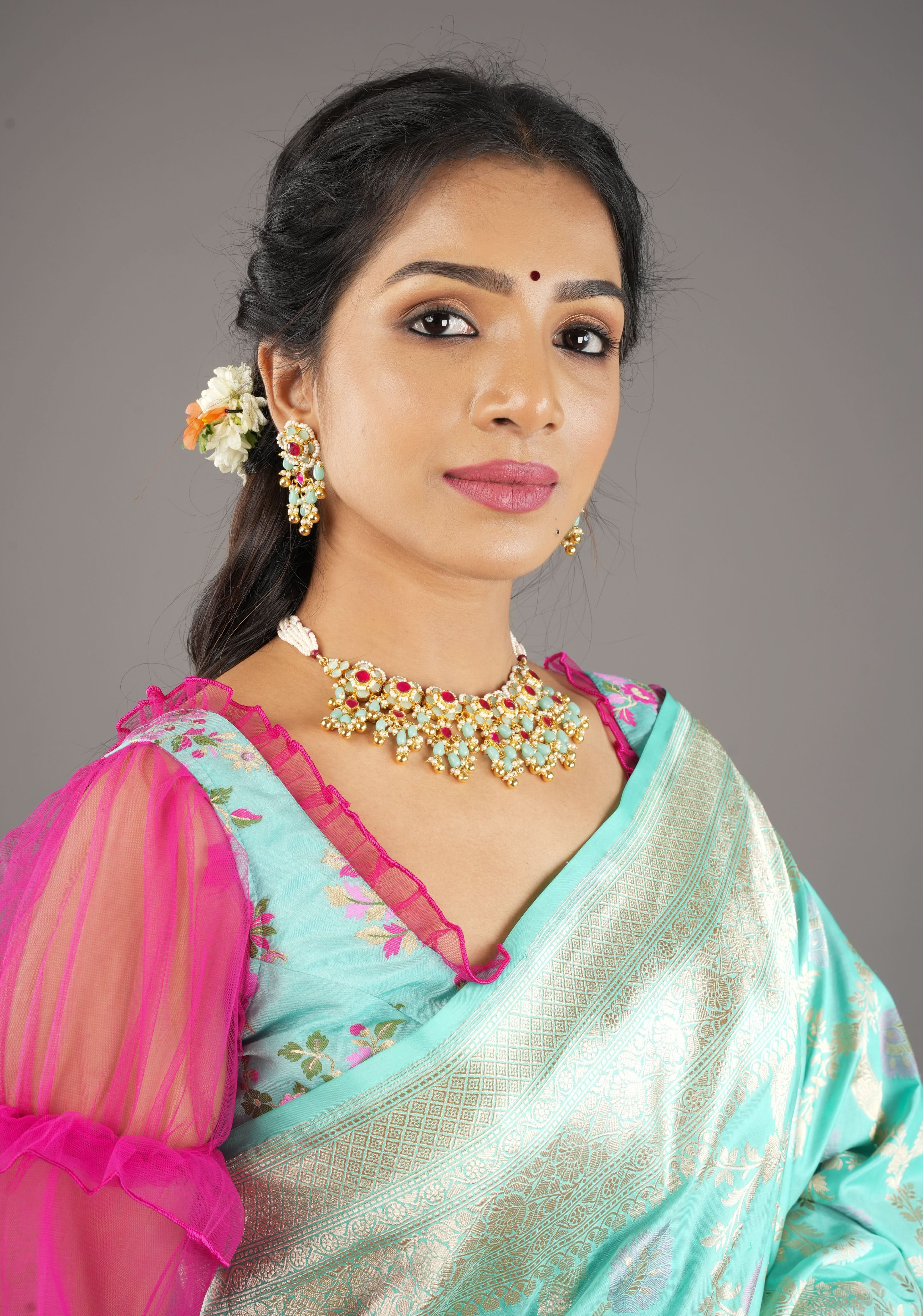Blue tone Exquisite Jadau Floral Design Jewelry Choker set with blue and gold dangling beads | Shobitam Jewelery