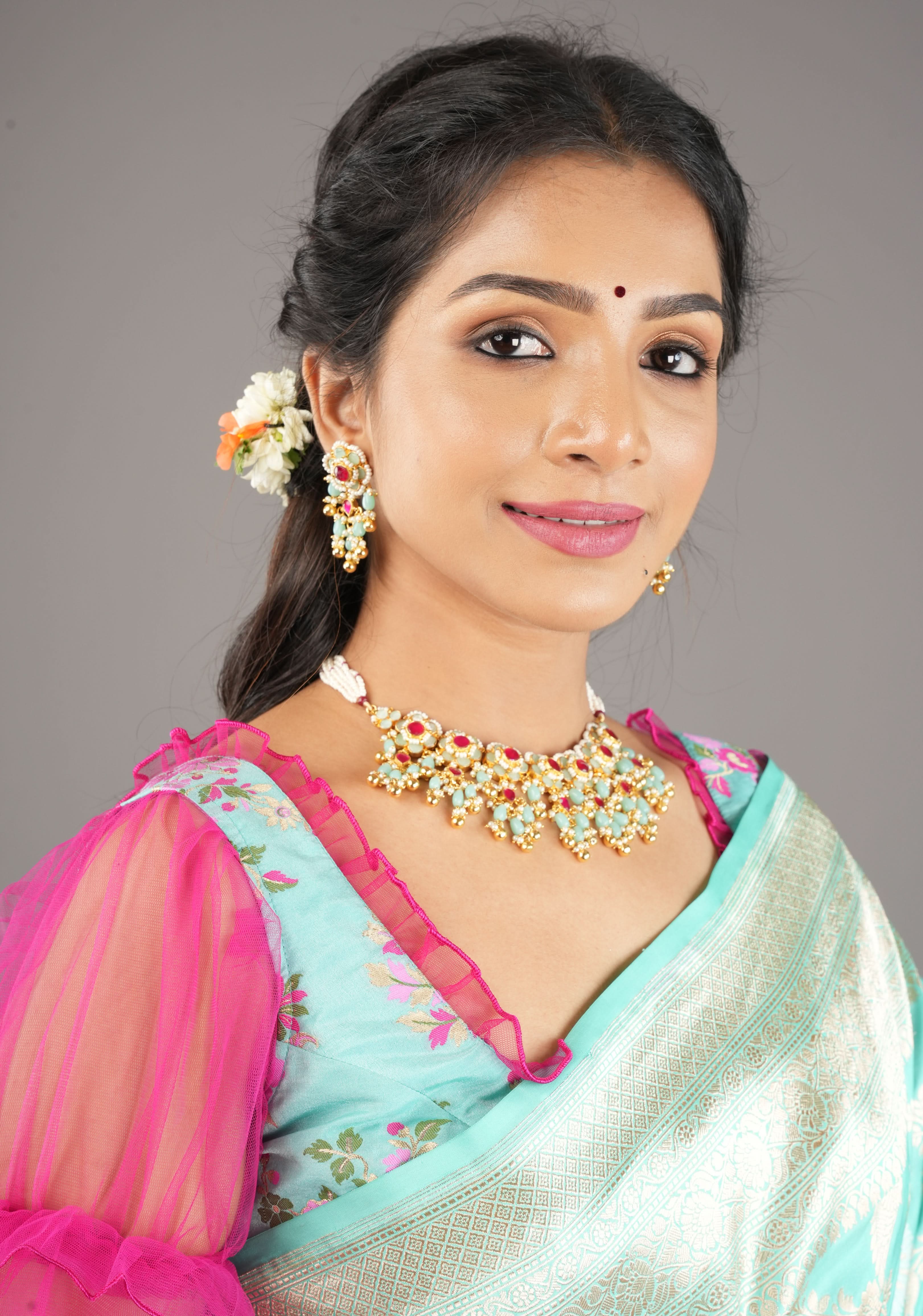 Blue tone Exquisite Jadau Floral Design Jewelry Choker set with blue and gold dangling beads | Shobitam Jewelery